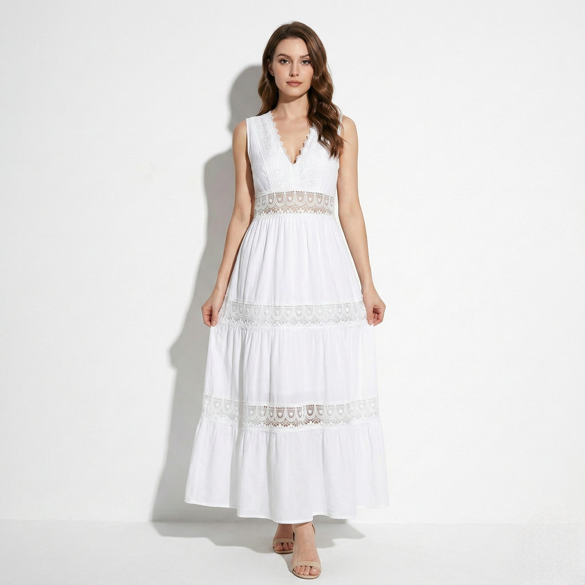 Emily - Women's Laced V - Neck Sleeveless Midi Dress - Dress - White - Jones & Smith