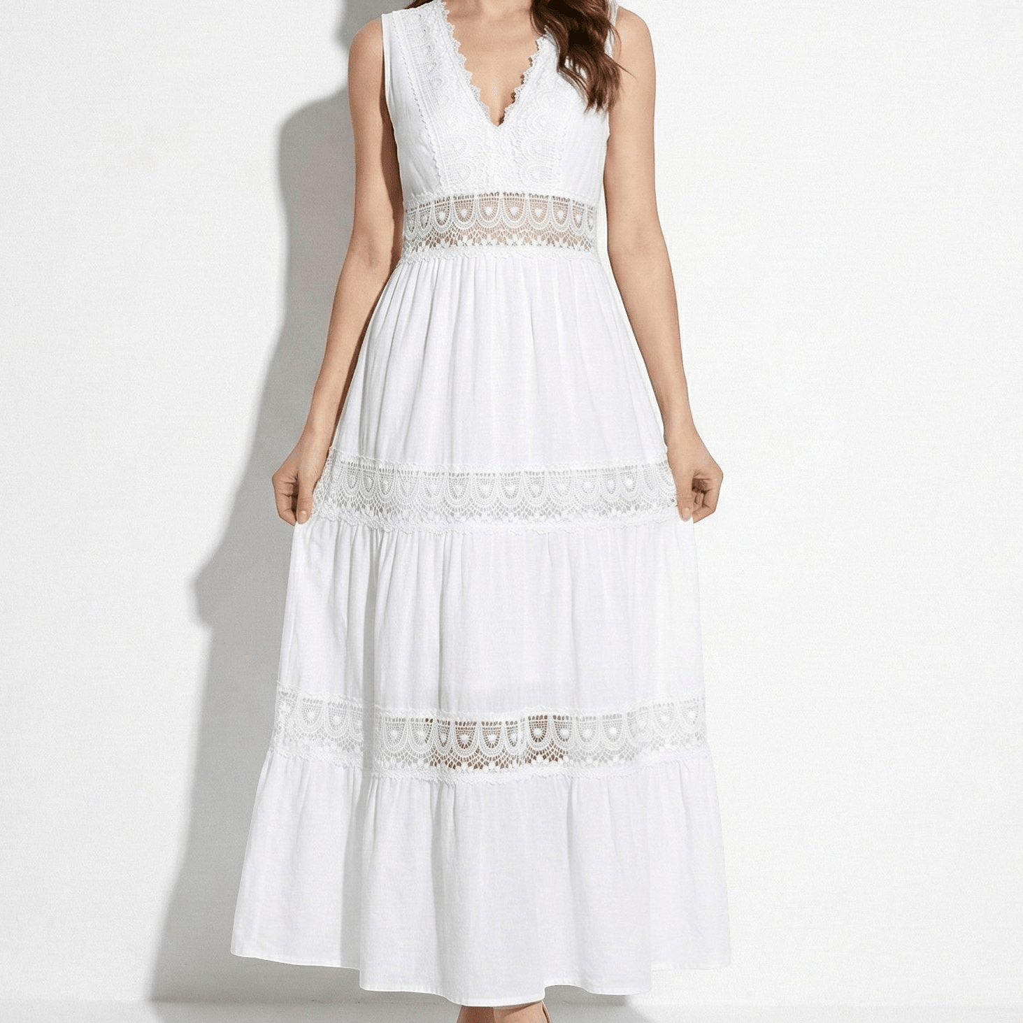 Emily - Women's Laced V - Neck Sleeveless Midi Dress - Dress - White - Jones & Smith