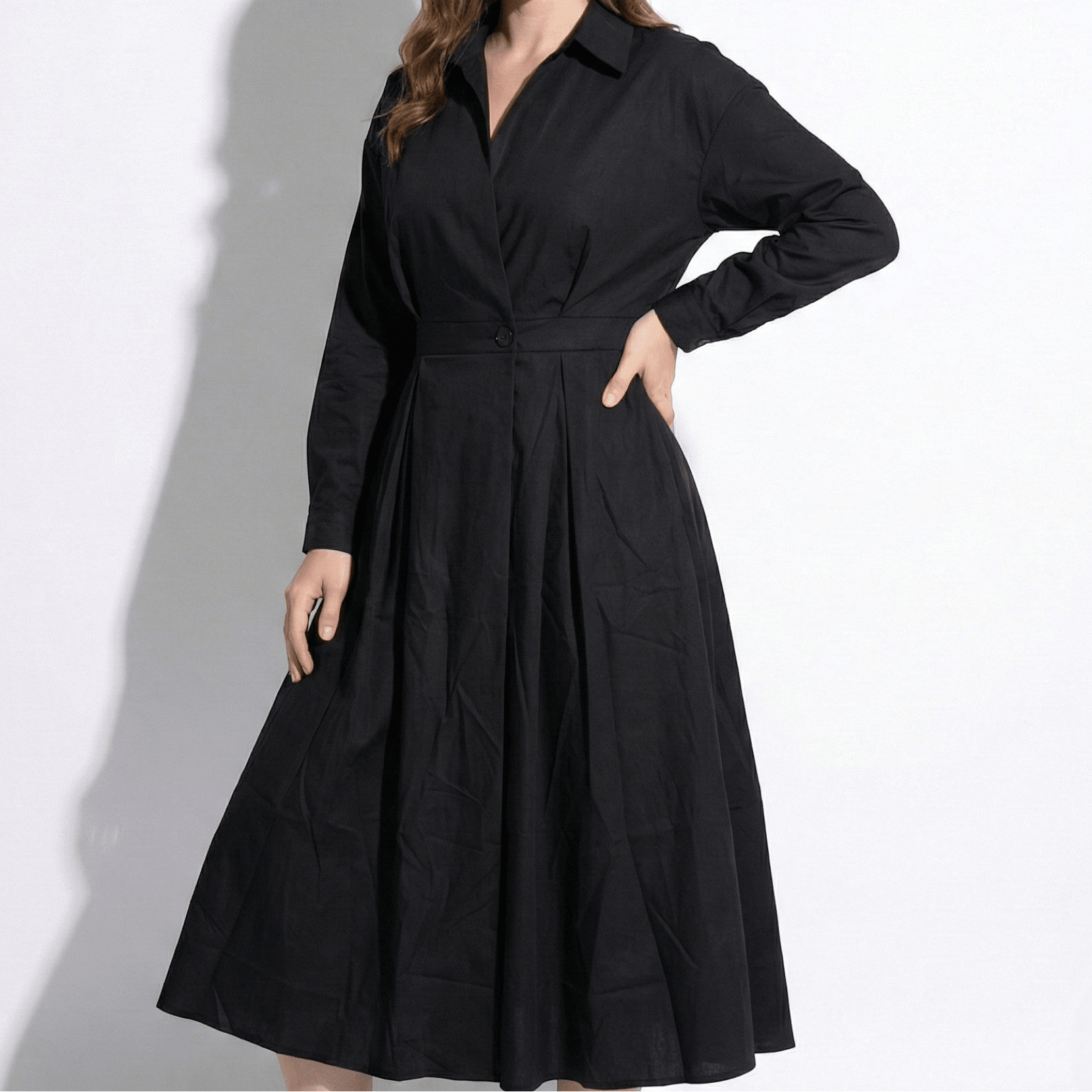 Emily - Women's Midi Shirt Dress with Buttons and Long Sleeves - Dresses - Black - Jones & Smith