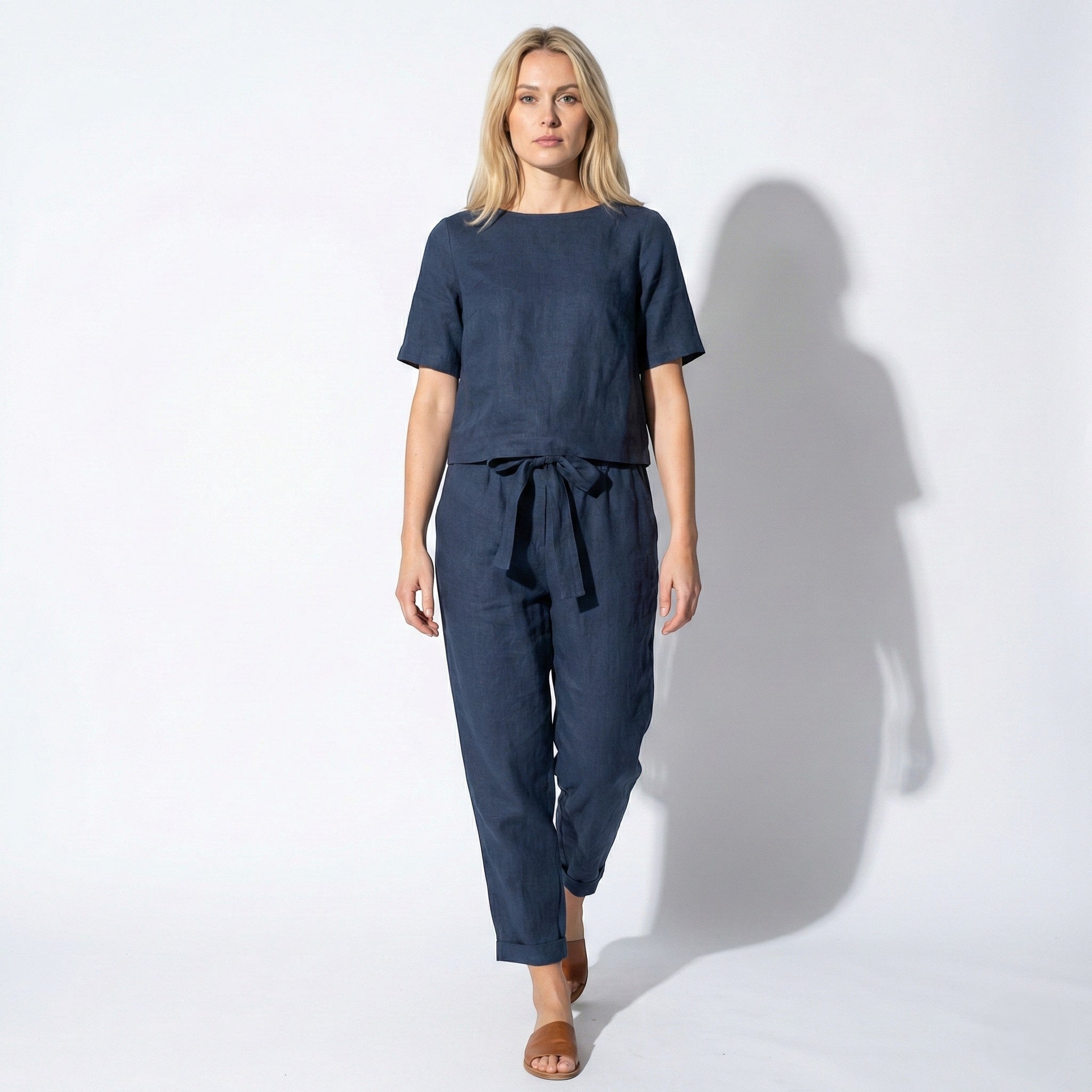 Emily - Women's Two - Piece Set with Short Sleeves and Tapered Trousers - Sets - Navy Blue - Jones & Smith