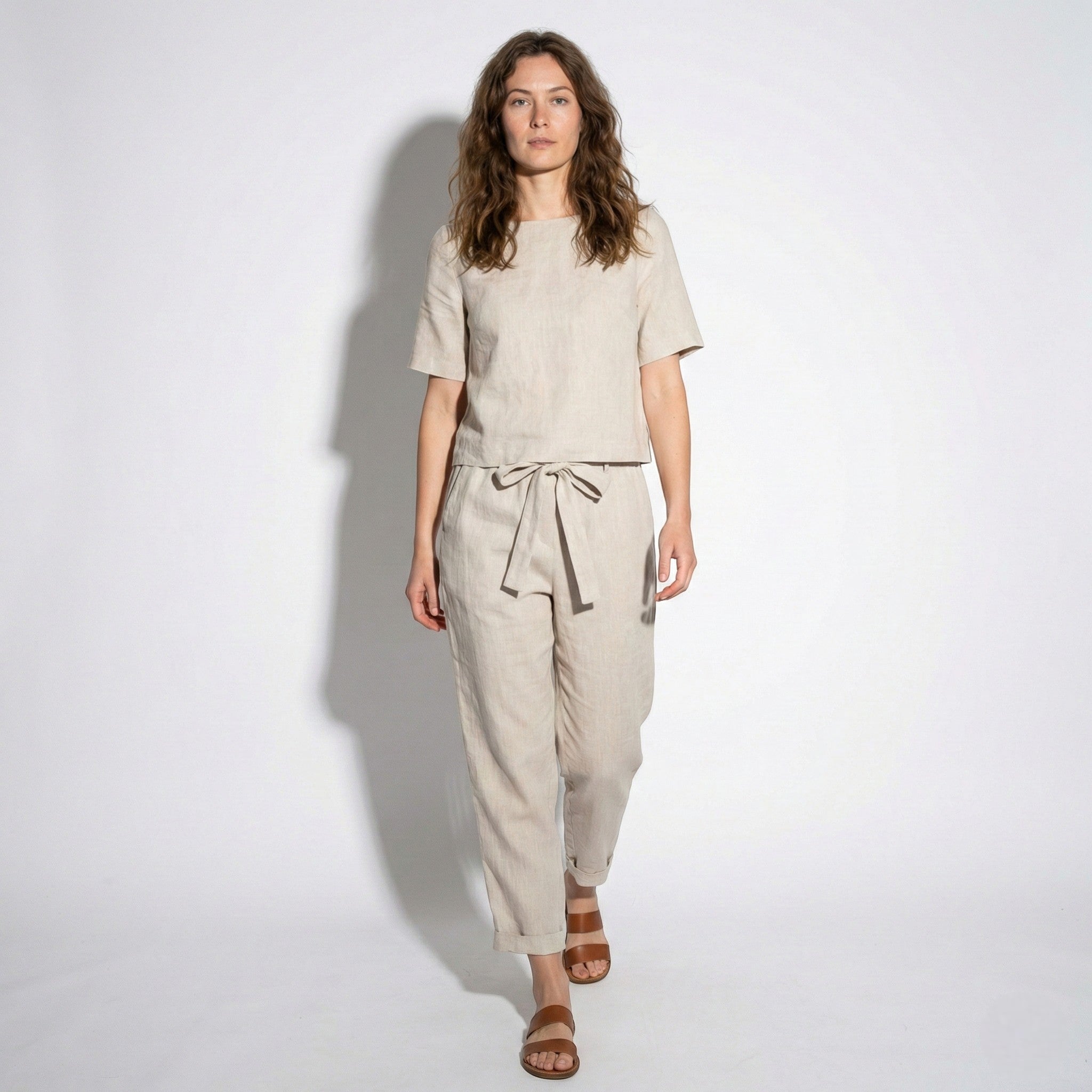 Emily - Women's Two - Piece Set with Short Sleeves and Tapered Trousers - Sets - Khaki - Jones & Smith