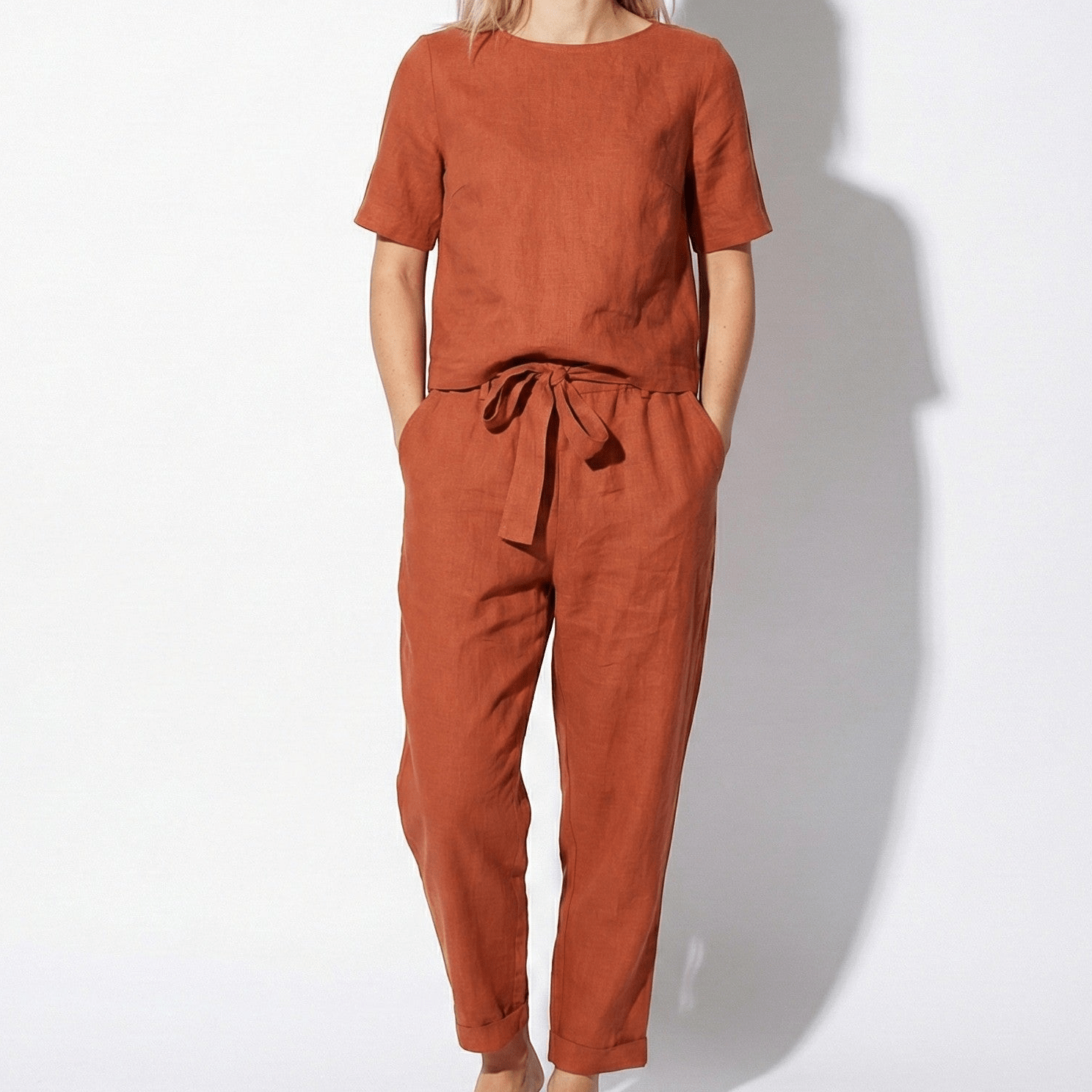 Emily - Women's Two - Piece Set with Short Sleeves and Tapered Trousers - Sets - Red - Jones & Smith