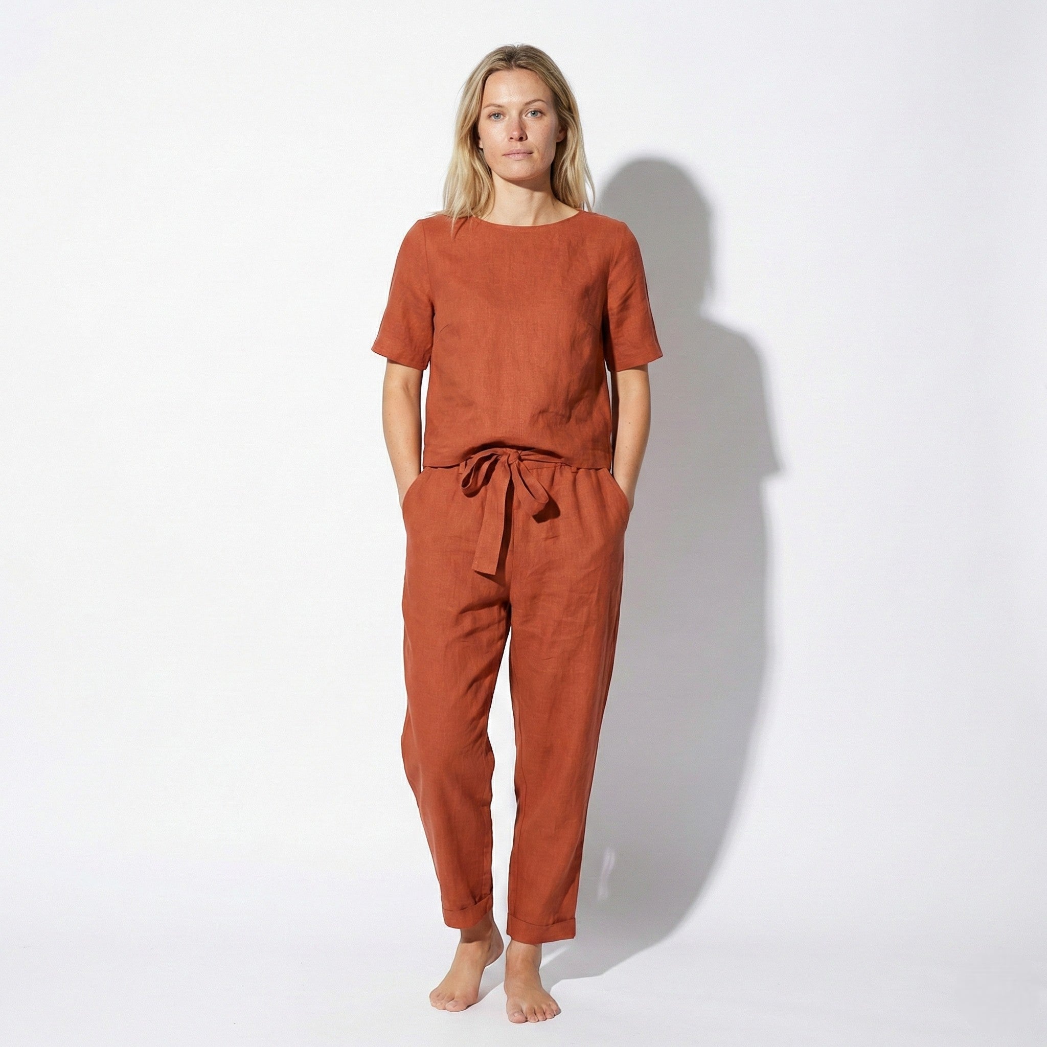 Emily - Women's Two - Piece Set with Short Sleeves and Tapered Trousers - Sets - Red - Jones & Smith