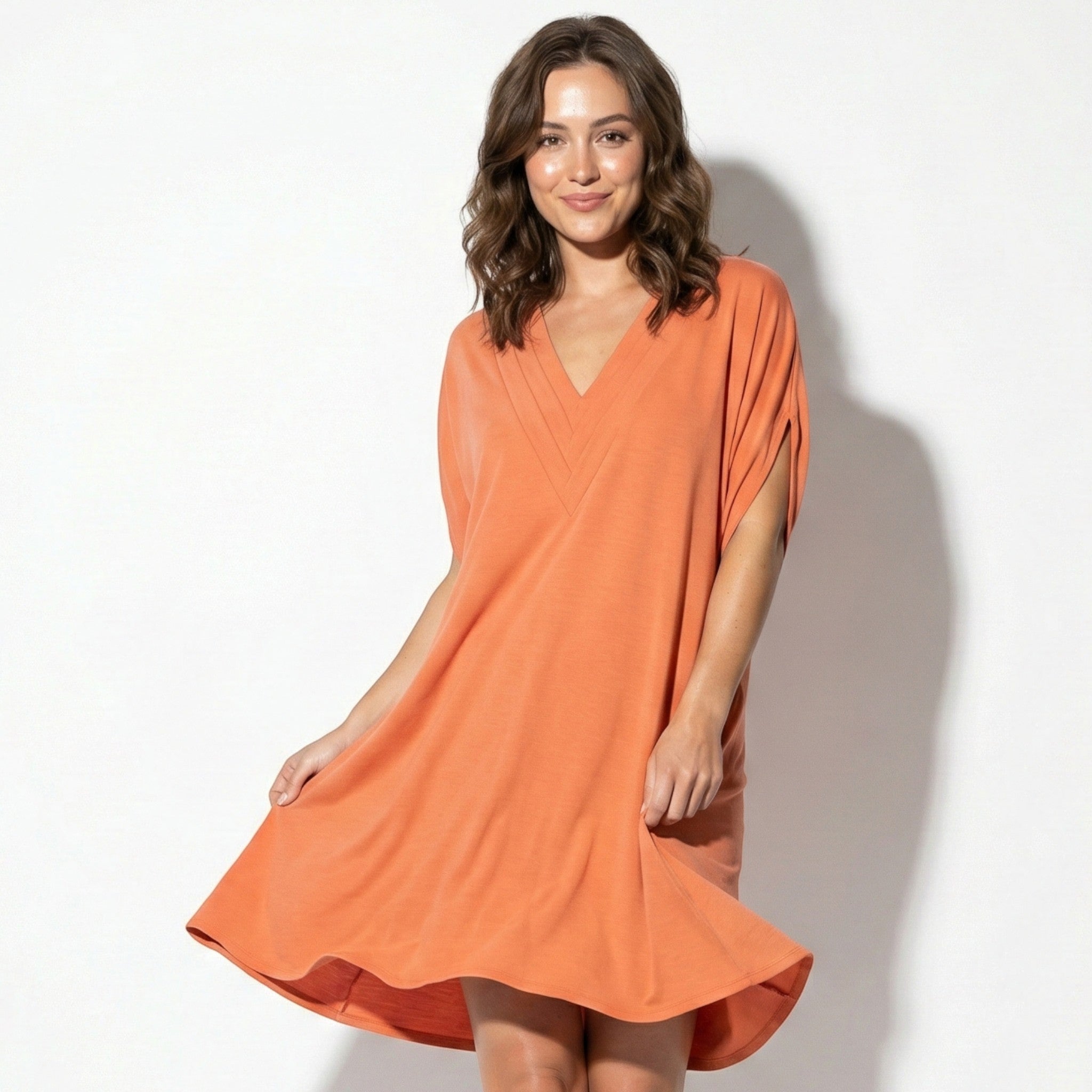 Emma - Women’s V Neck Dress with Relaxed Fit and Short Sleeves - Dress - Orange - Jones & Smith