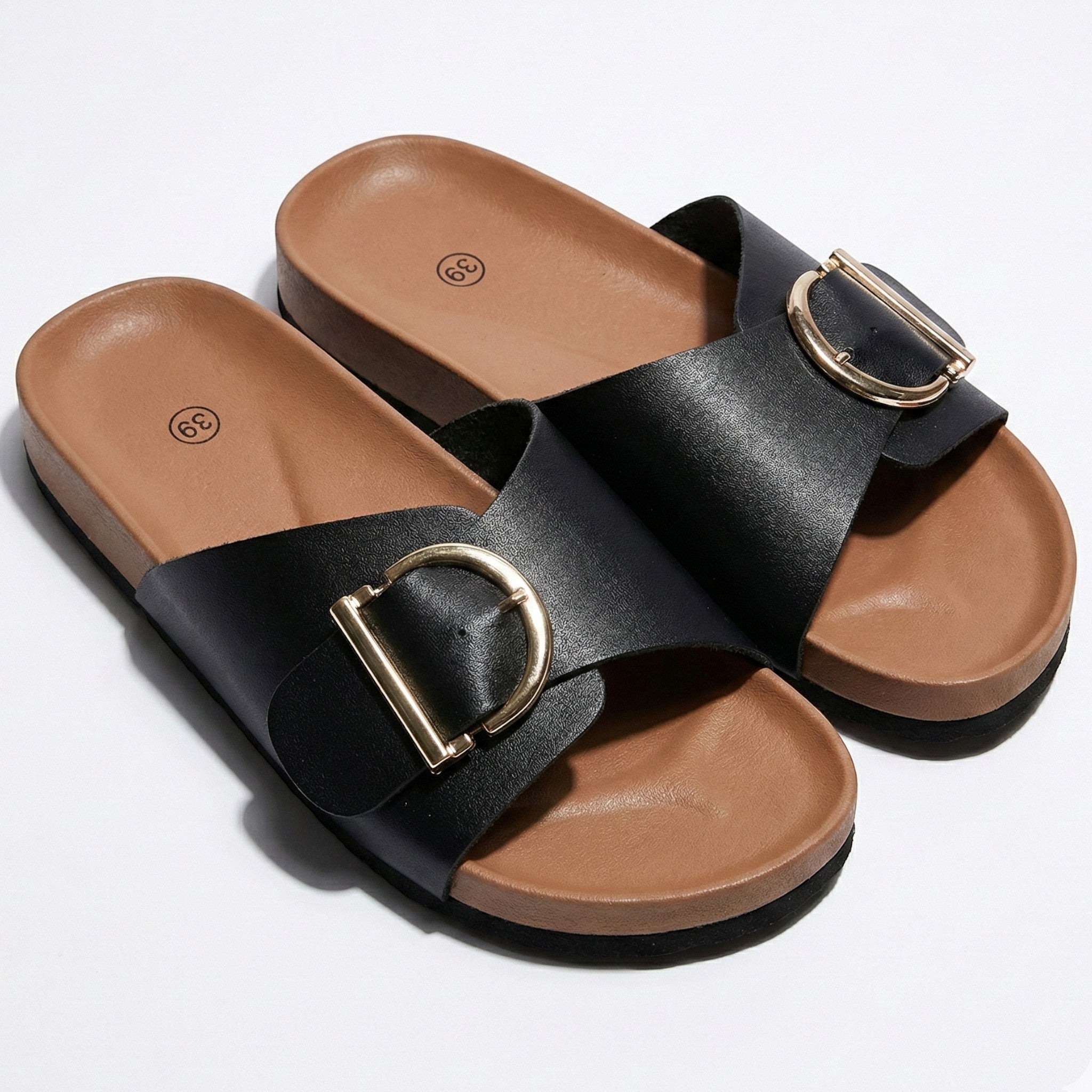 Evie - Women's Cork Mules with Buckle Strap Sandals - Sandals - Black - Jones & Smith