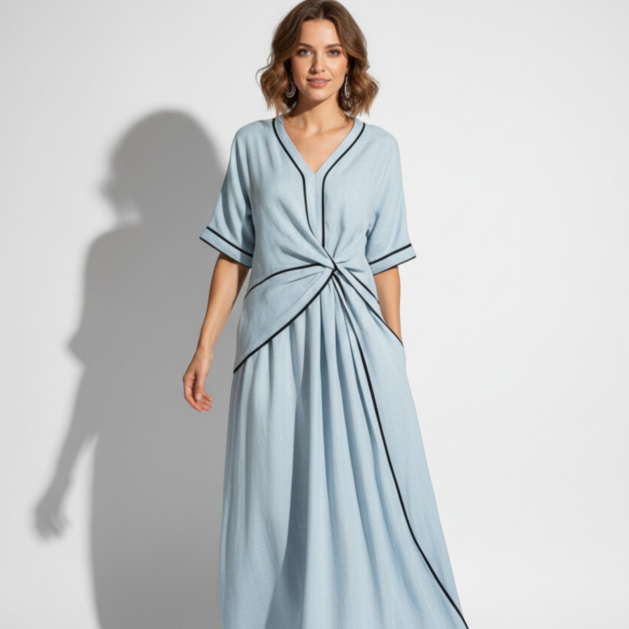 Evie - Women's Loose V - Neck Maxi Dress with Contrast Trim - Dress - Light Blue - Jones & Smith
