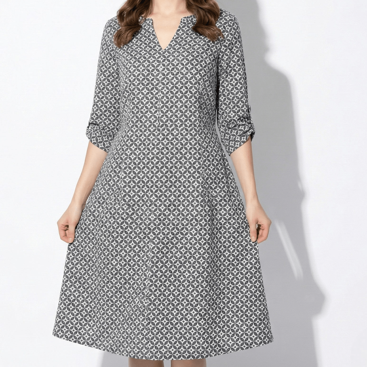 Evie - Women's Midi Dress with Split Neckline and 3/4 Sleeves - Dress - Grey - Jones & Smith