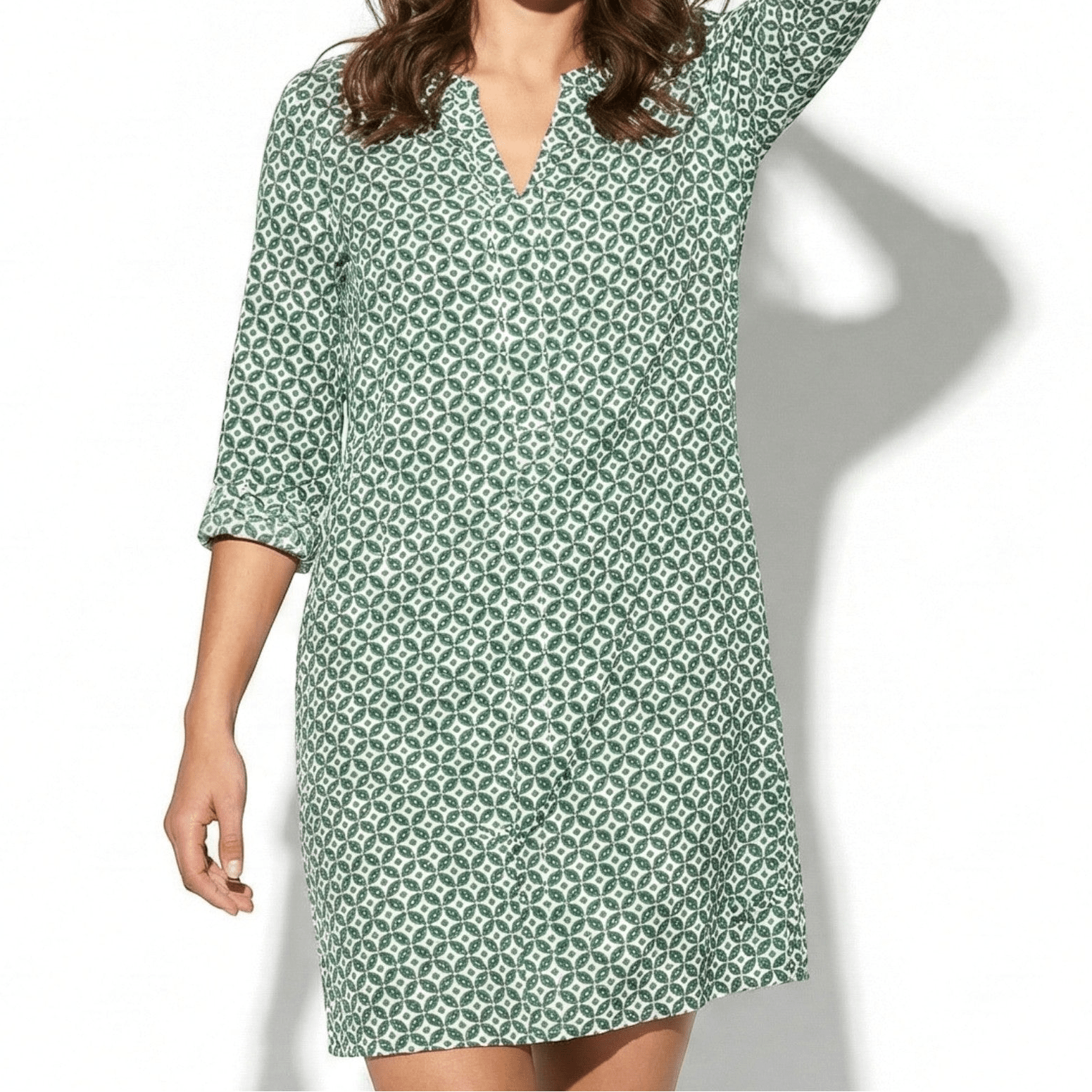 Evie - Women's Midi Dress with Split Neckline and 3/4 Sleeves - Dress - Green - Jones & Smith