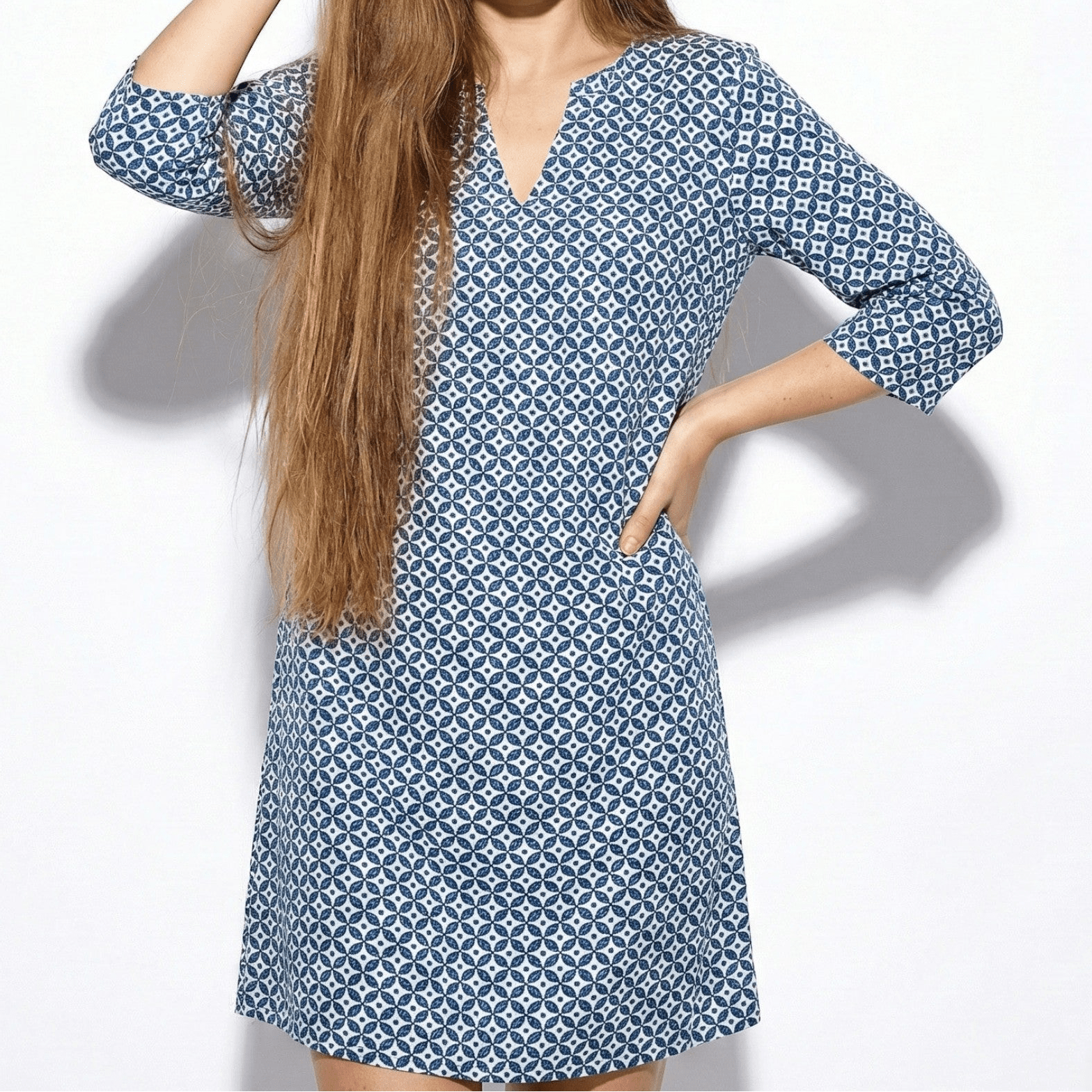 Evie - Women's Midi Dress with Split Neckline and 3/4 Sleeves - Dress - Blue - Jones & Smith