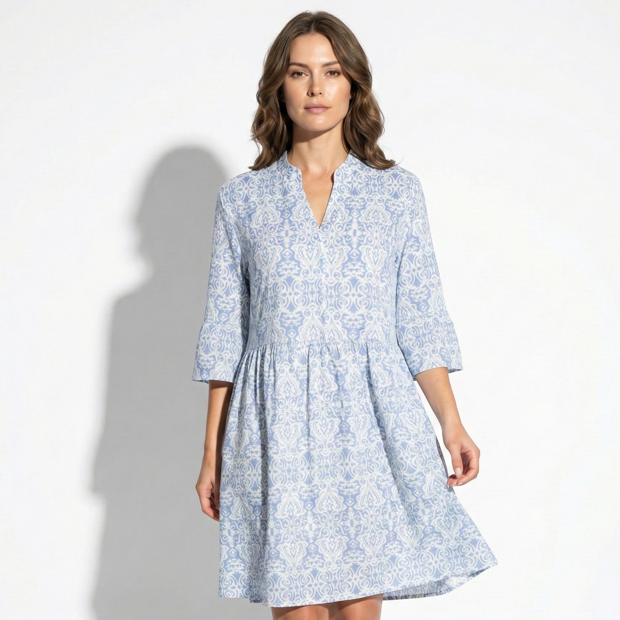 Fiona - Women’s Printed Boho Midi Dress with Flared Sleeves - Women Dress - Blue - Jones & Smith