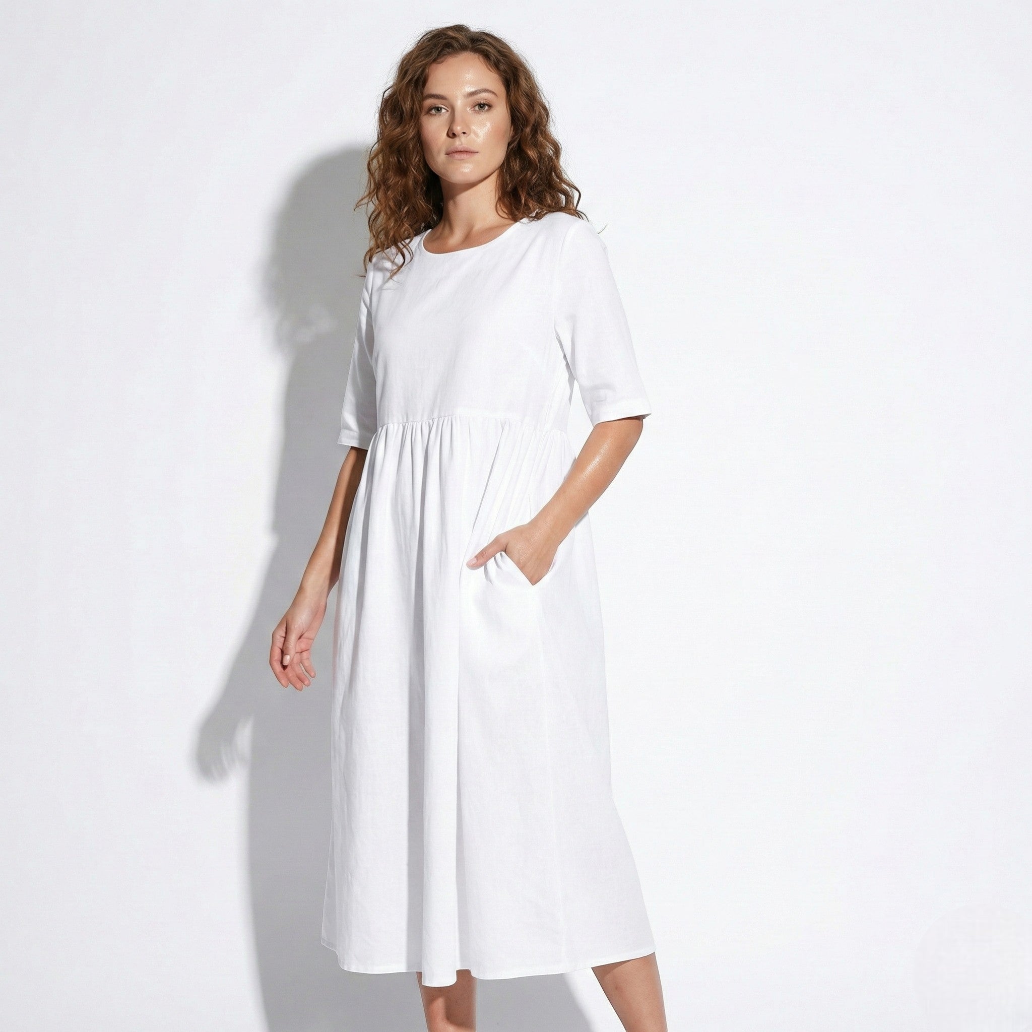 Florence - Women's Breathable Midi Dress with Functional Pockets - Dress - White - Jones & Smith