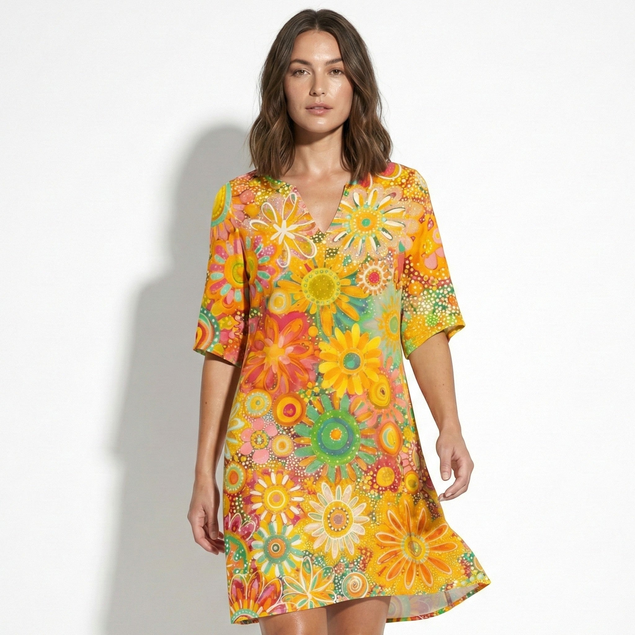 Florence - Women's Floral Print V - Neck Midi Dress - Women Dress - Yellow - Jones & Smith