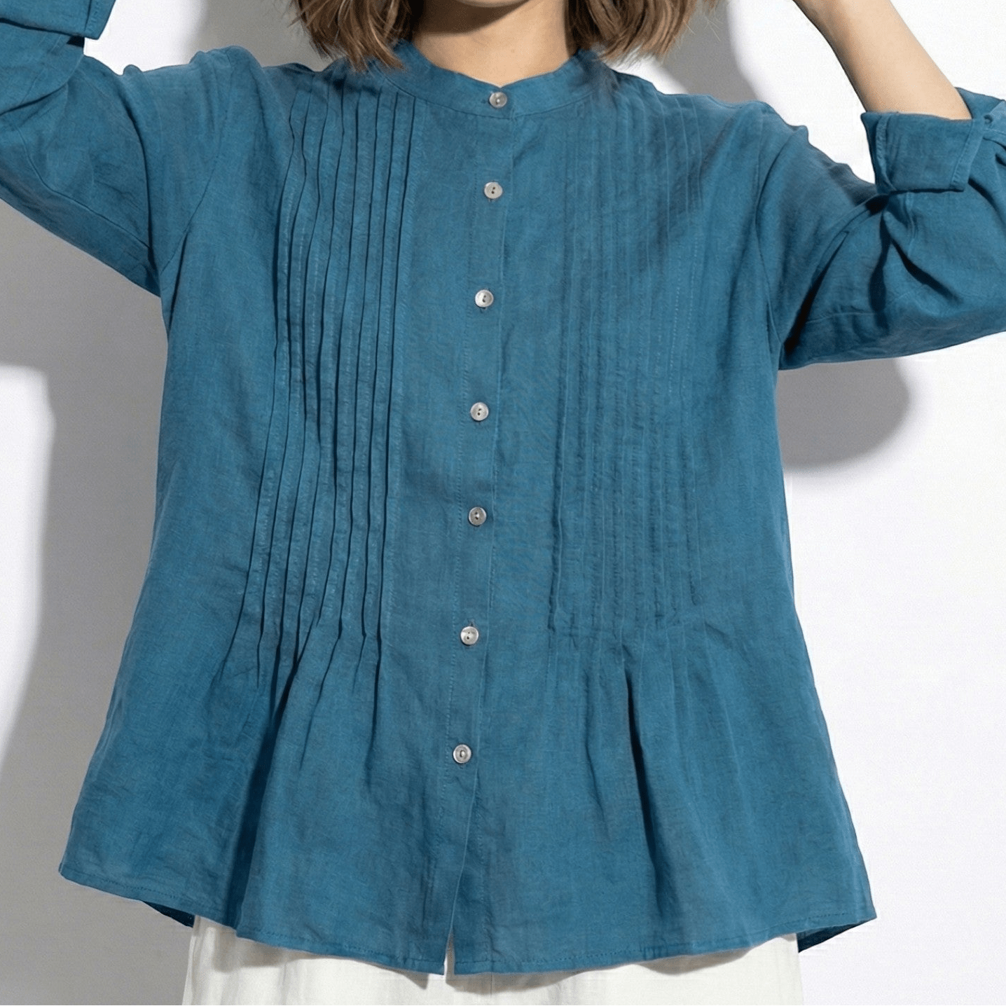 Florence - Women's Long Sleeve Pleated Blouse with Stand Collar - long sleeved tops - Blue - Jones & Smith
