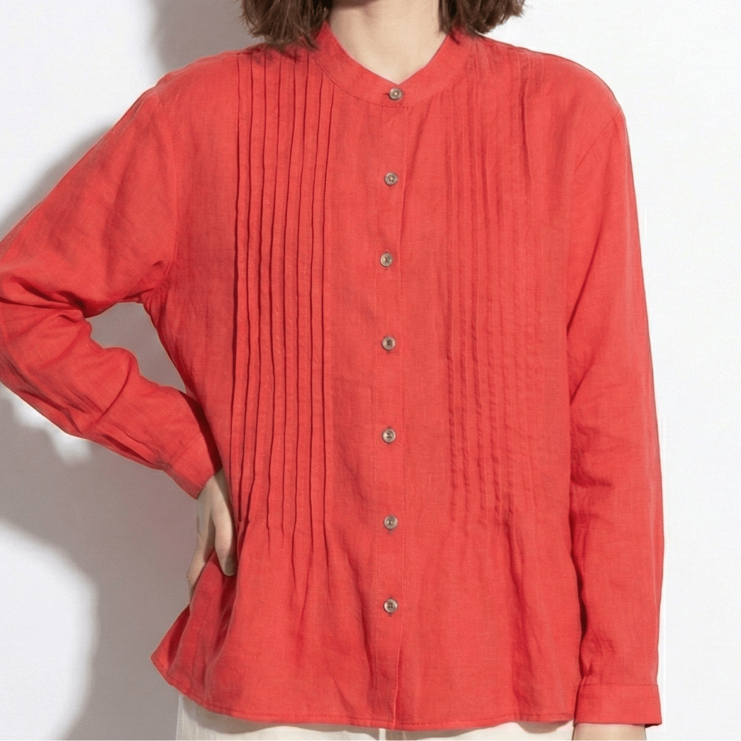 Florence - Women's Long Sleeve Pleated Blouse with Stand Collar - long sleeved tops - Red - Jones & Smith