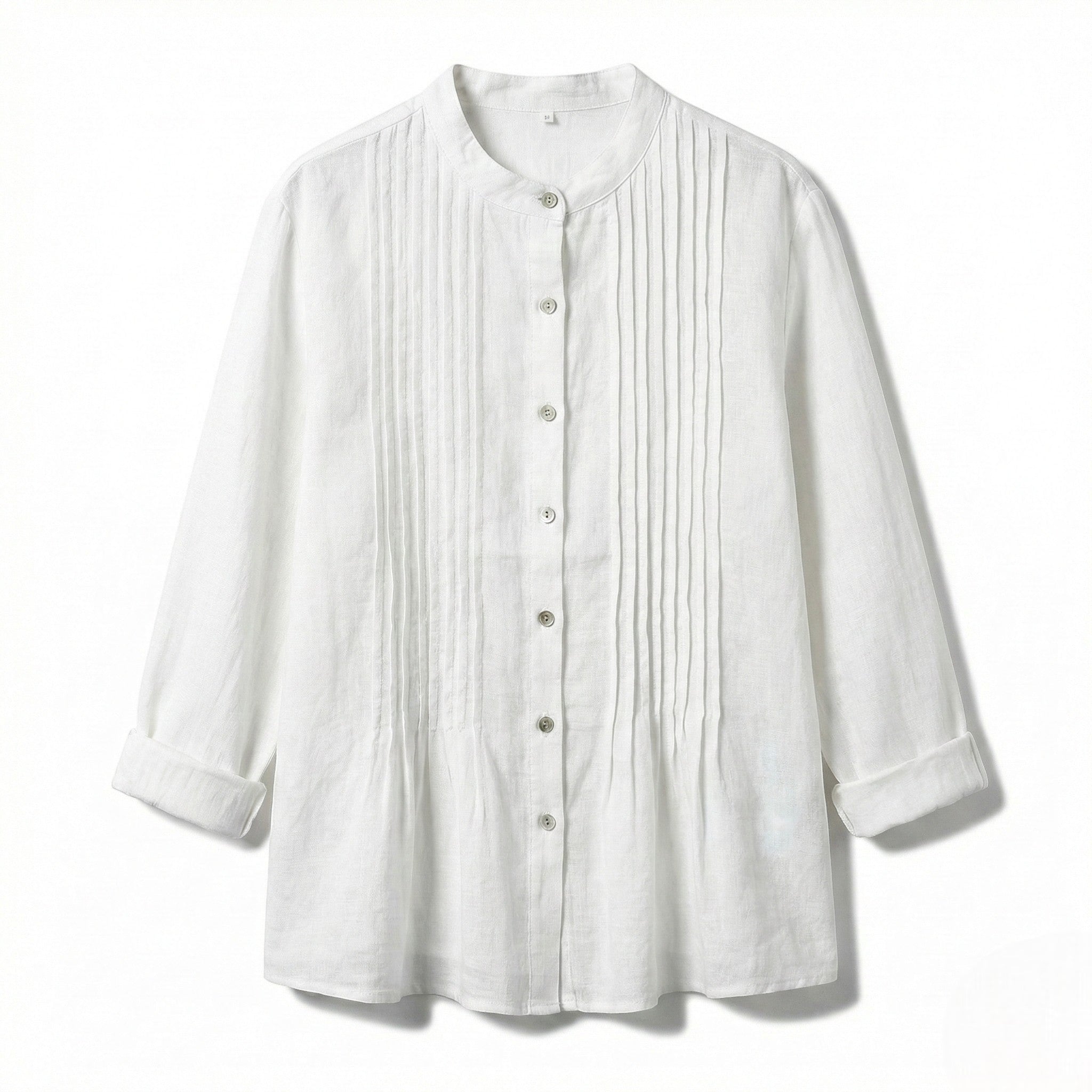 Florence - Women's Long Sleeve Pleated Blouse with Stand Collar - long sleeved tops - White - Jones & Smith