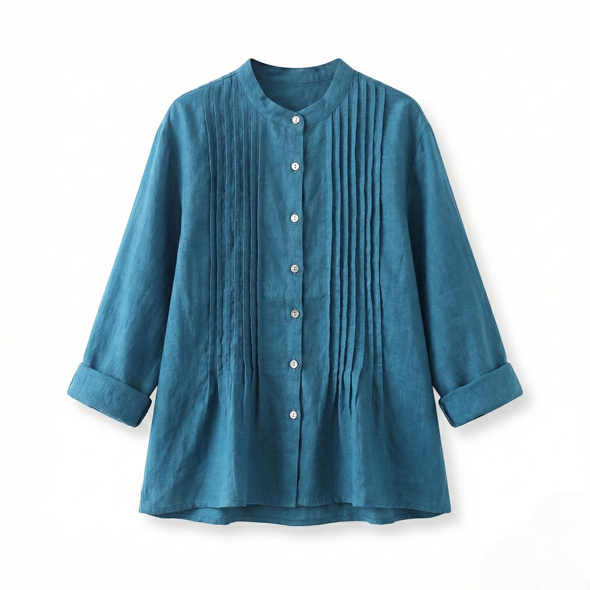 Florence - Women's Long Sleeve Pleated Blouse with Stand Collar - long sleeved tops - Blue - Jones & Smith