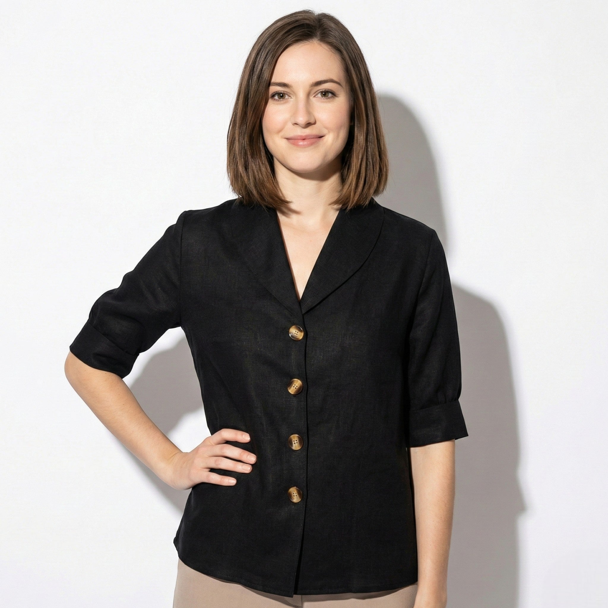 Florence - Women’s Short Sleeve Blouse with Shawl Collar - Women Blouse - Black - Jones & Smith