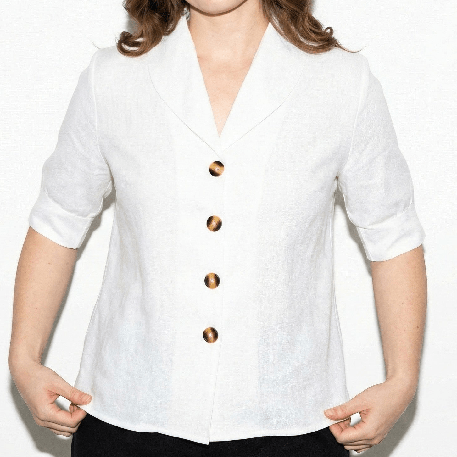 Florence - Women’s Short Sleeve Blouse with Shawl Collar - Women Blouse - White - Jones & Smith