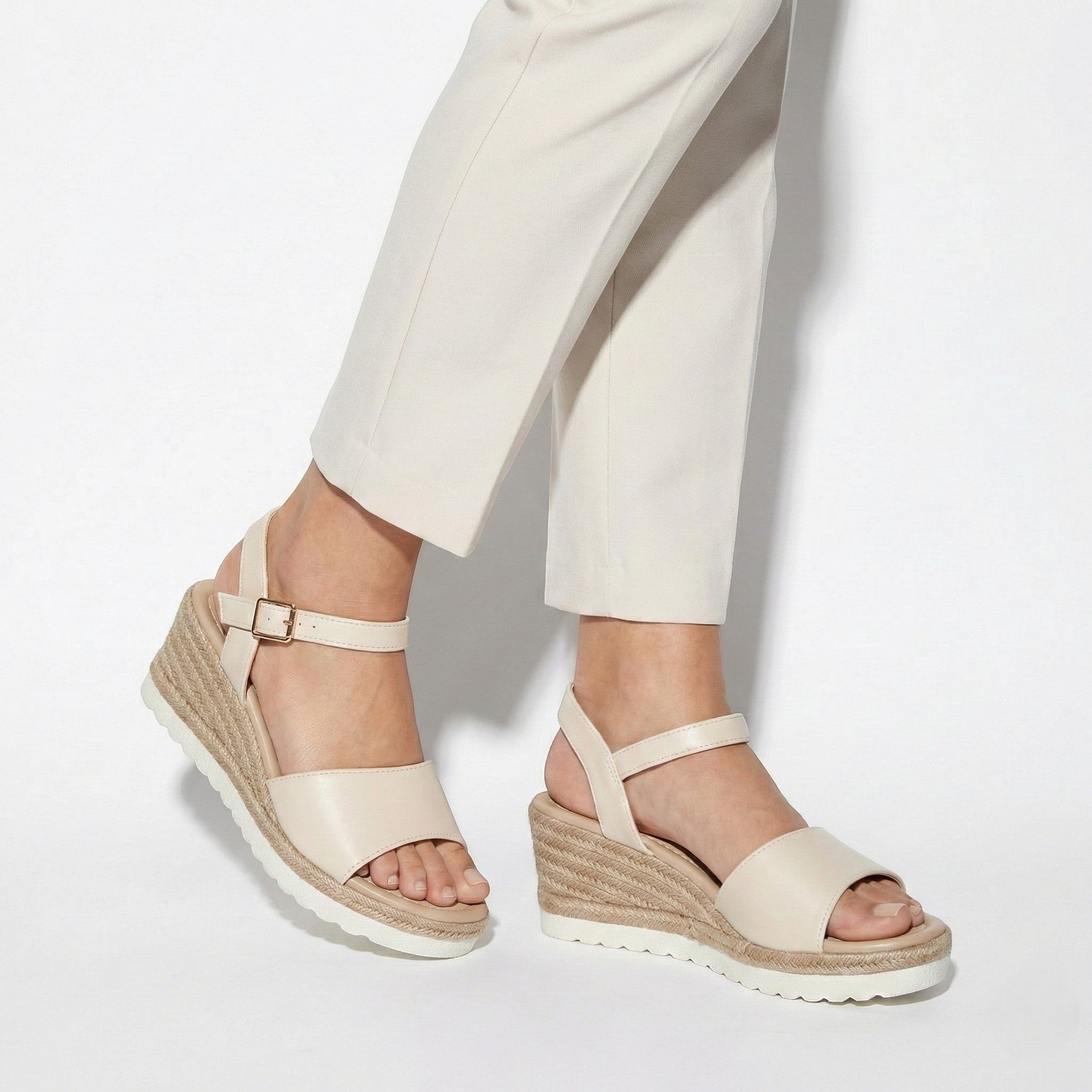 Florence - Women's Wedge Sandals with Adjustable Ankle Straps - Sandals - Beige - Jones & Smith