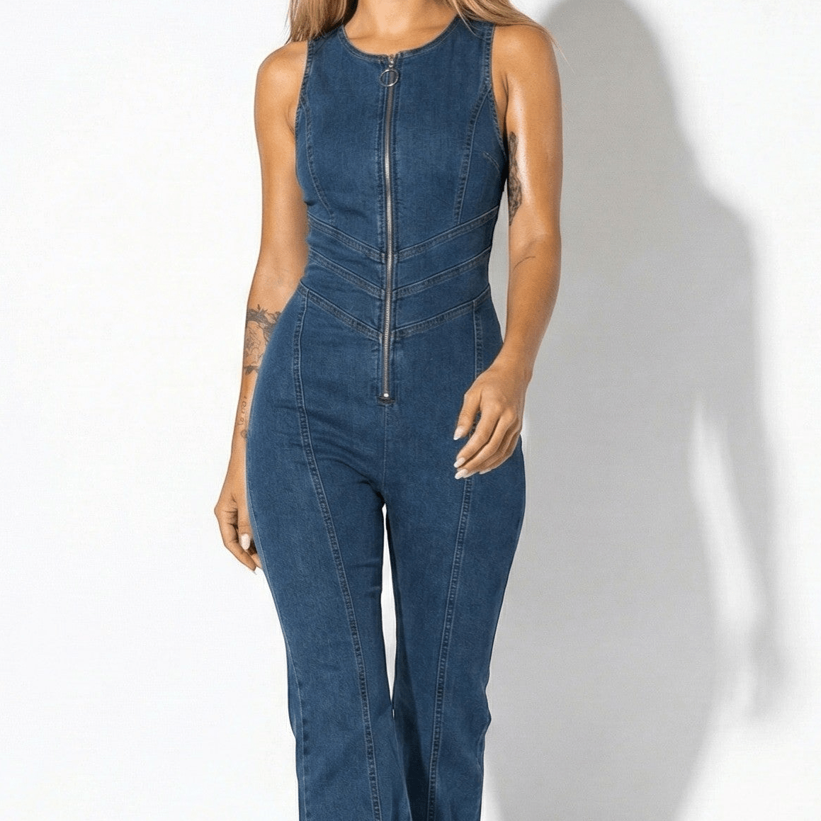 Florence - Women’s Zip - Front Denim Flared Jumpsuit - Jumpsuit - Blue - Jones & Smith