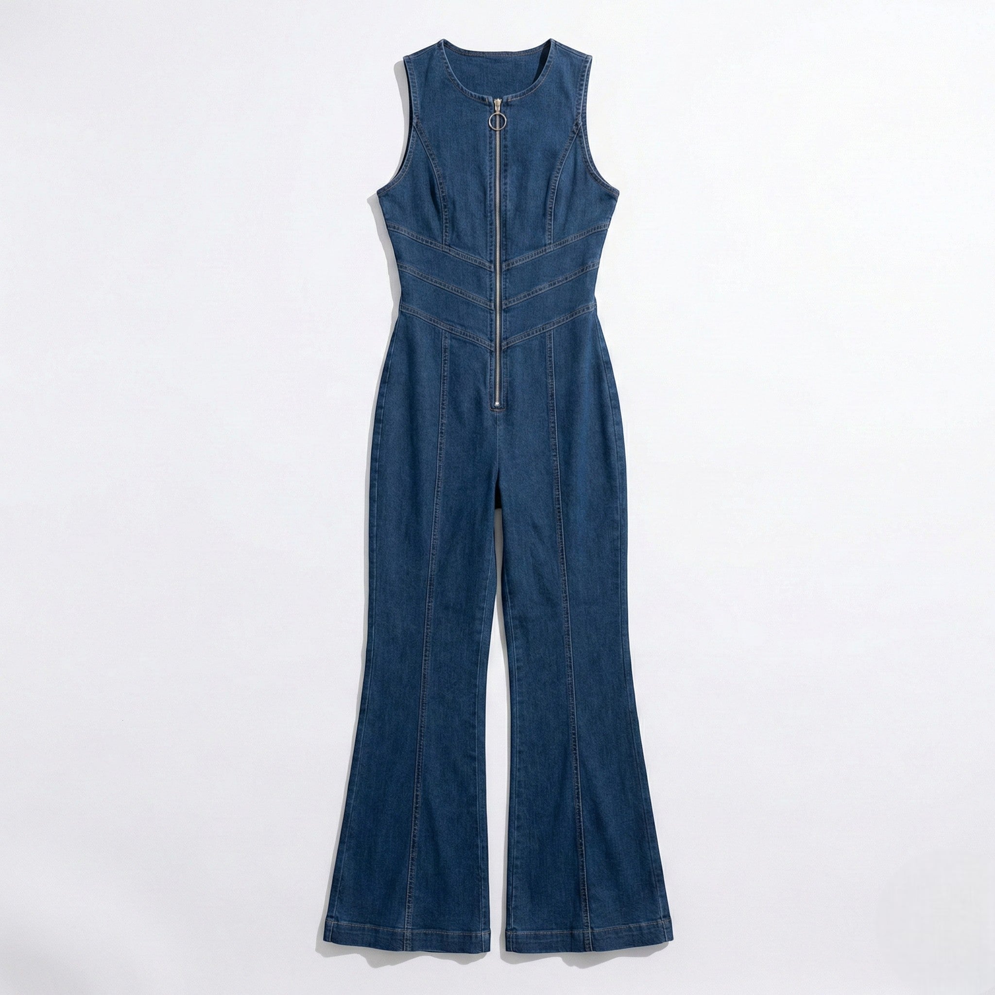 Florence - Women’s Zip - Front Denim Flared Jumpsuit - Jumpsuit - Blue - Jones & Smith