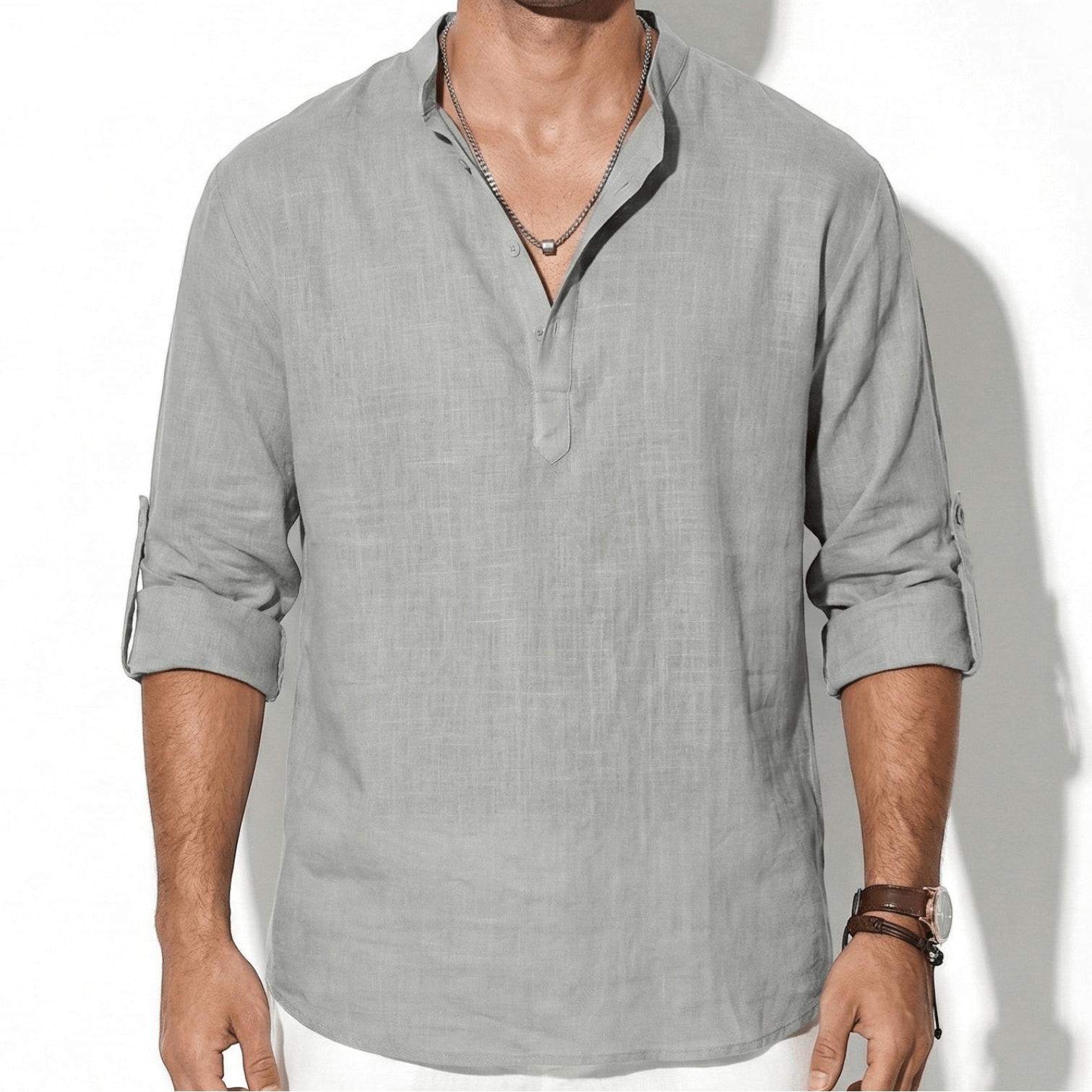 Freddie - Men's Casual Long Sleeve Shirt with Open Collar - Shirt - Grey - Jones & Smith