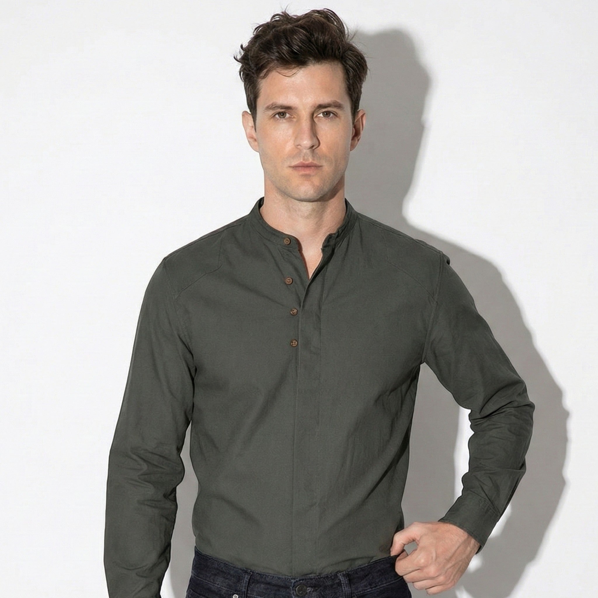 Freddie - Men's Long Sleeve Shirt with High Collar and Buttons - Shirt - Dark Grey - Jones & Smith