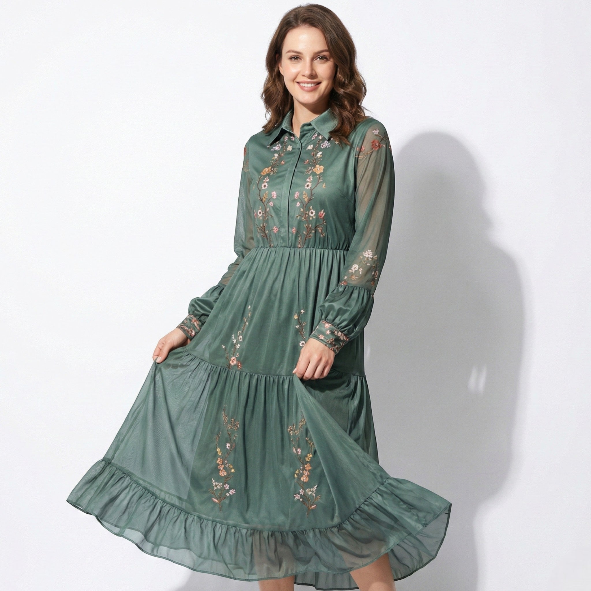 Freya - Women's Bohemian Maxi Dress with Floral Print and Ruffles - Dress - Dark Green - Jones & Smith