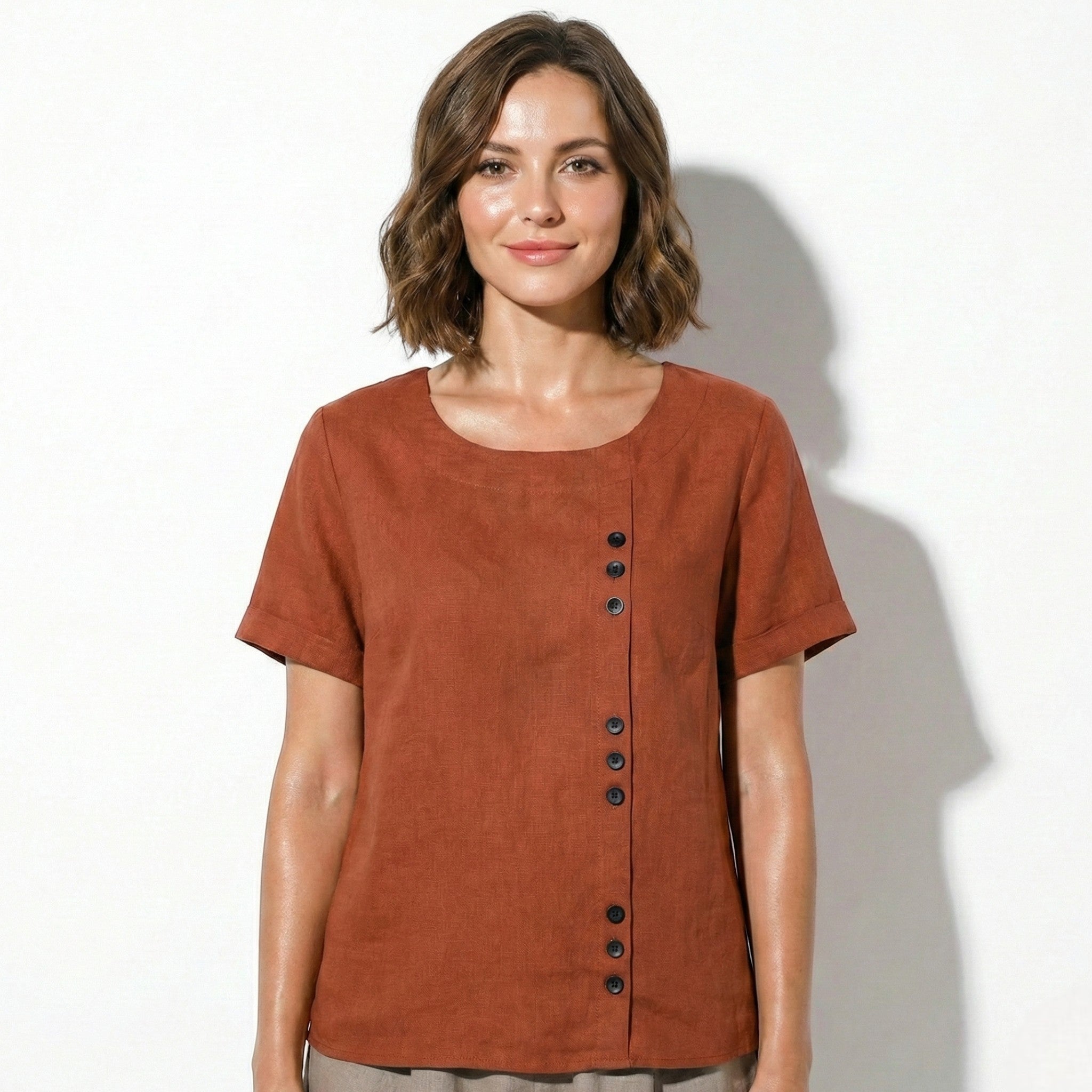 Freya - Women's Button Detail Short Sleeve Round Neck Blouse - Tops - Brown - Jones & Smith