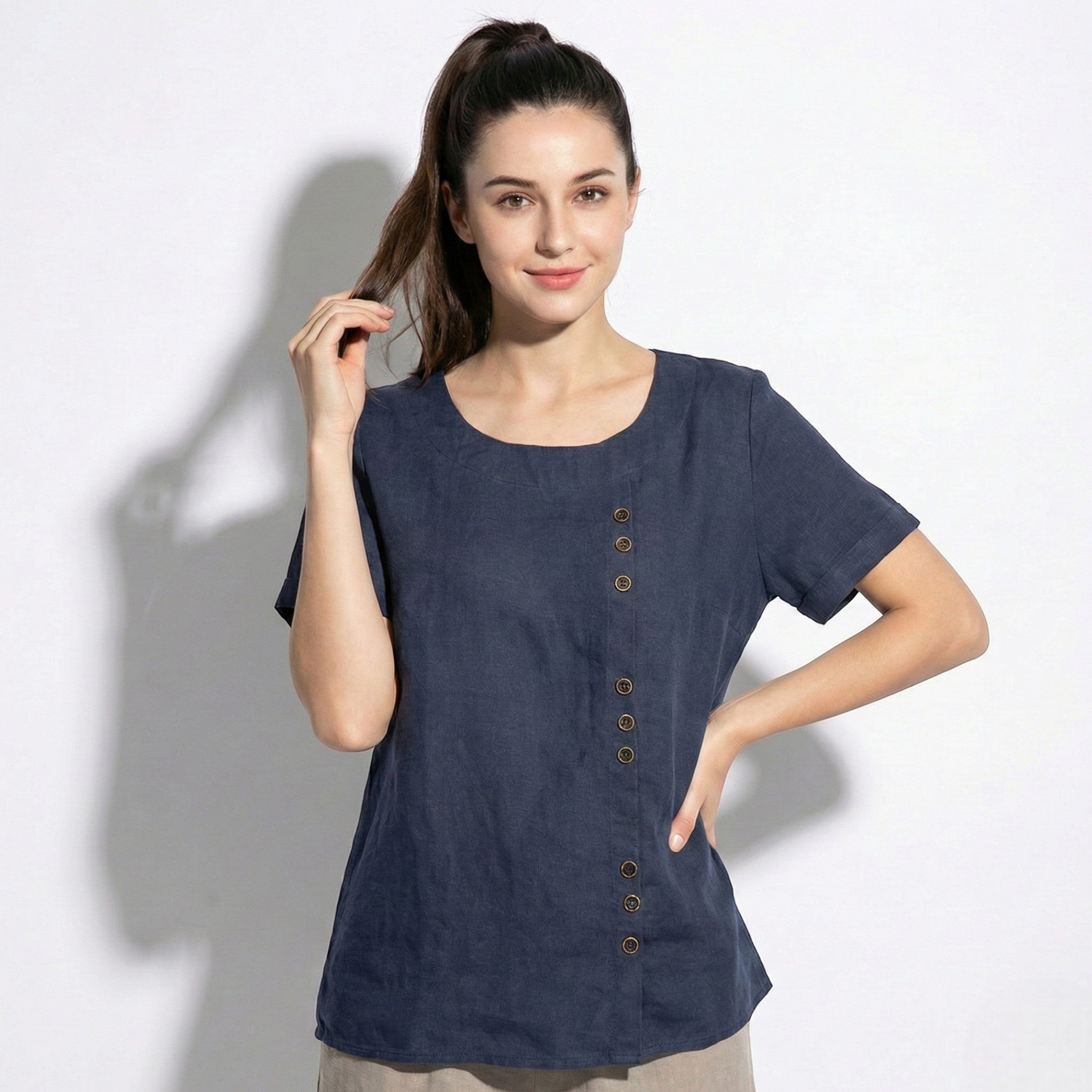 Freya - Women's Button Detail Short Sleeve Round Neck Blouse - Tops - Dark Blue - Jones & Smith