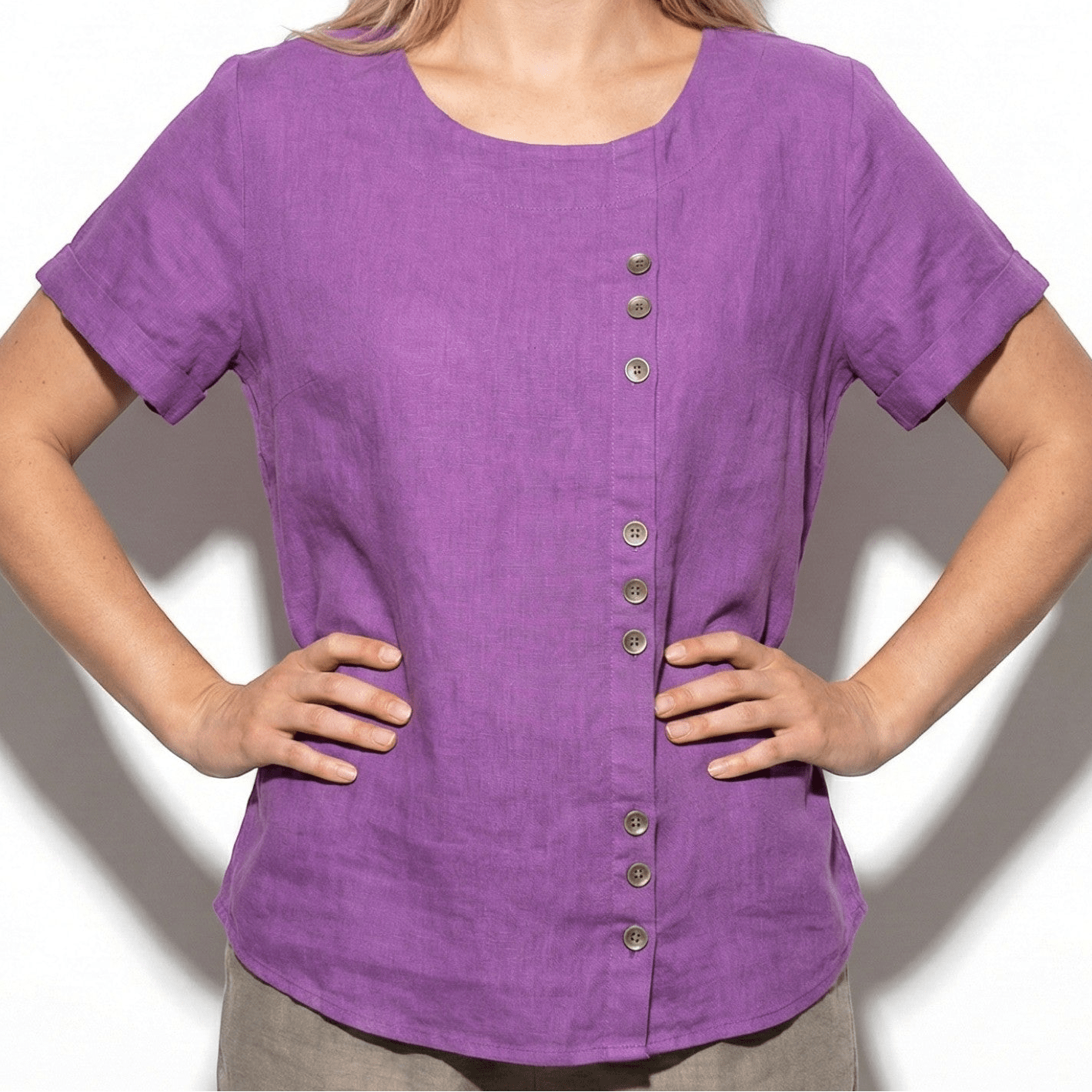 Freya - Women's Button Detail Short Sleeve Round Neck Blouse - Tops - Purple - Jones & Smith