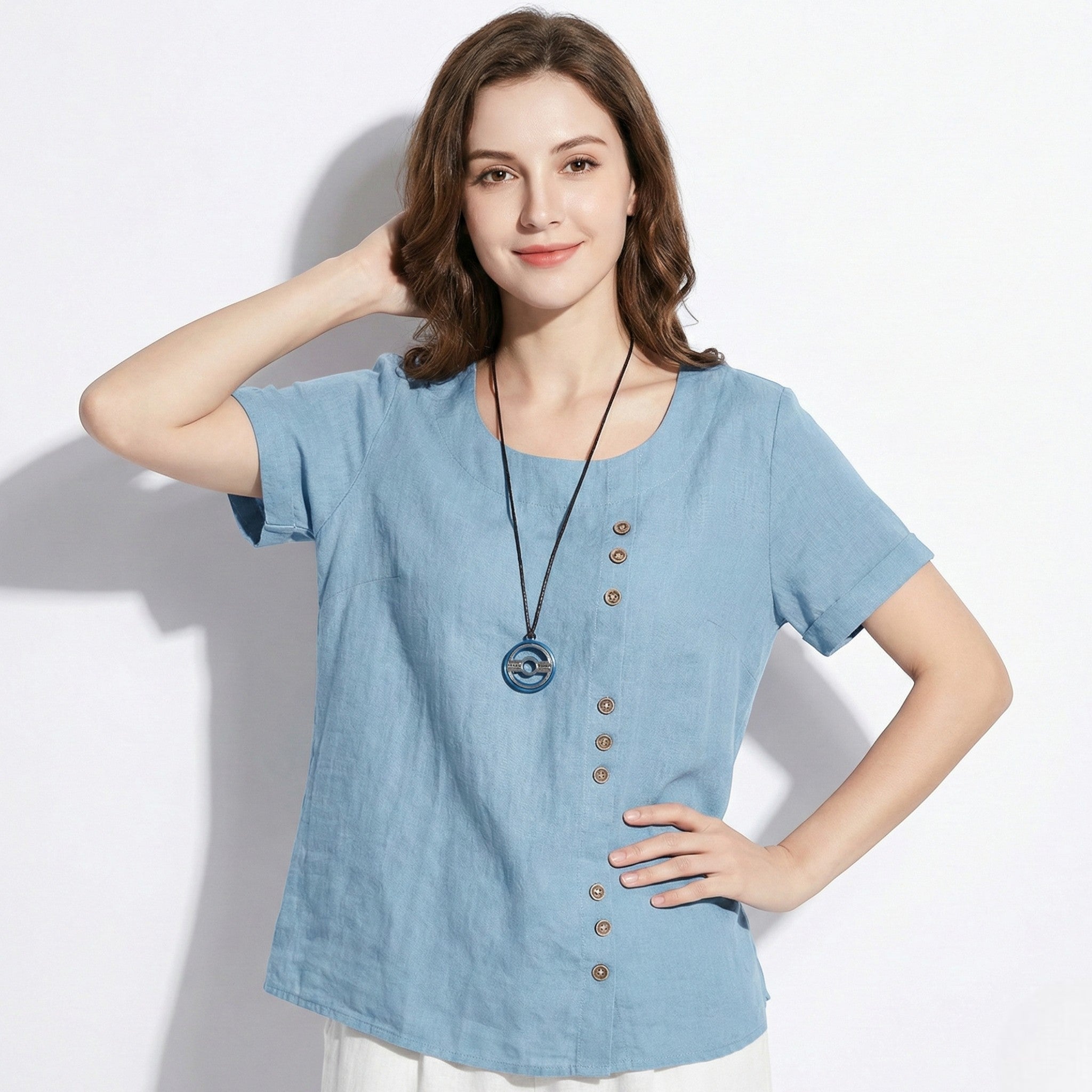 Freya - Women's Button Detail Short Sleeve Round Neck Blouse - Tops - Sky Blue - Jones & Smith