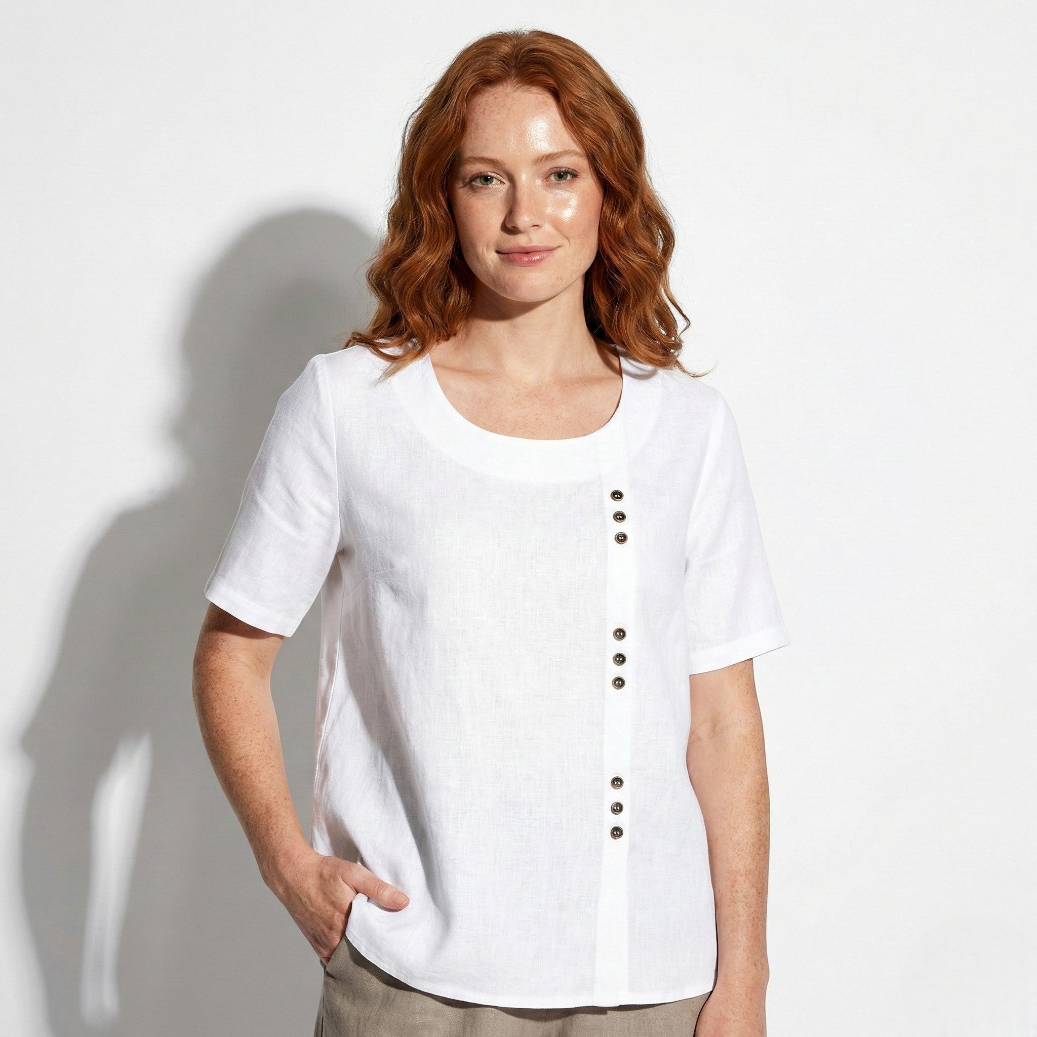 Freya - Women's Button Detail Short Sleeve Round Neck Blouse - Tops - White - Jones & Smith