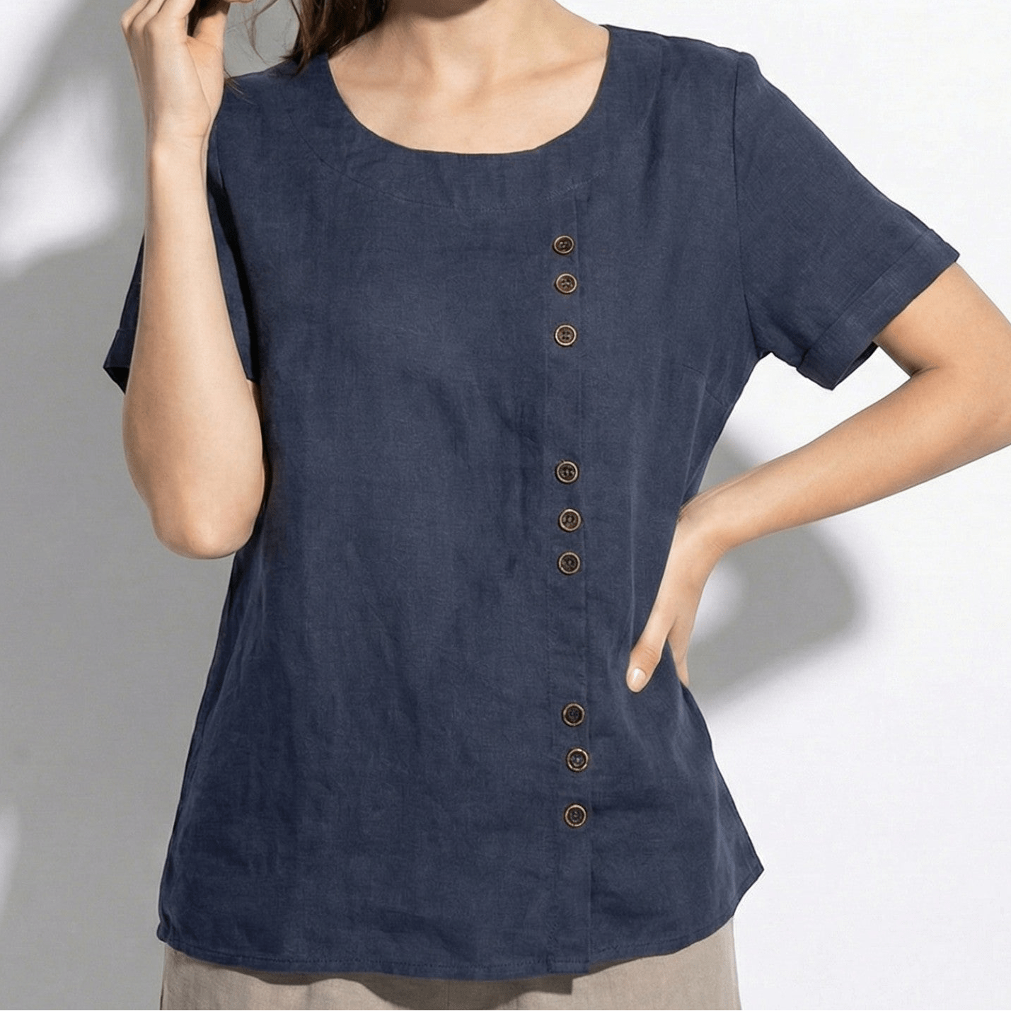 Freya - Women's Button Detail Short Sleeve Round Neck Blouse - Tops - Dark Blue - Jones & Smith