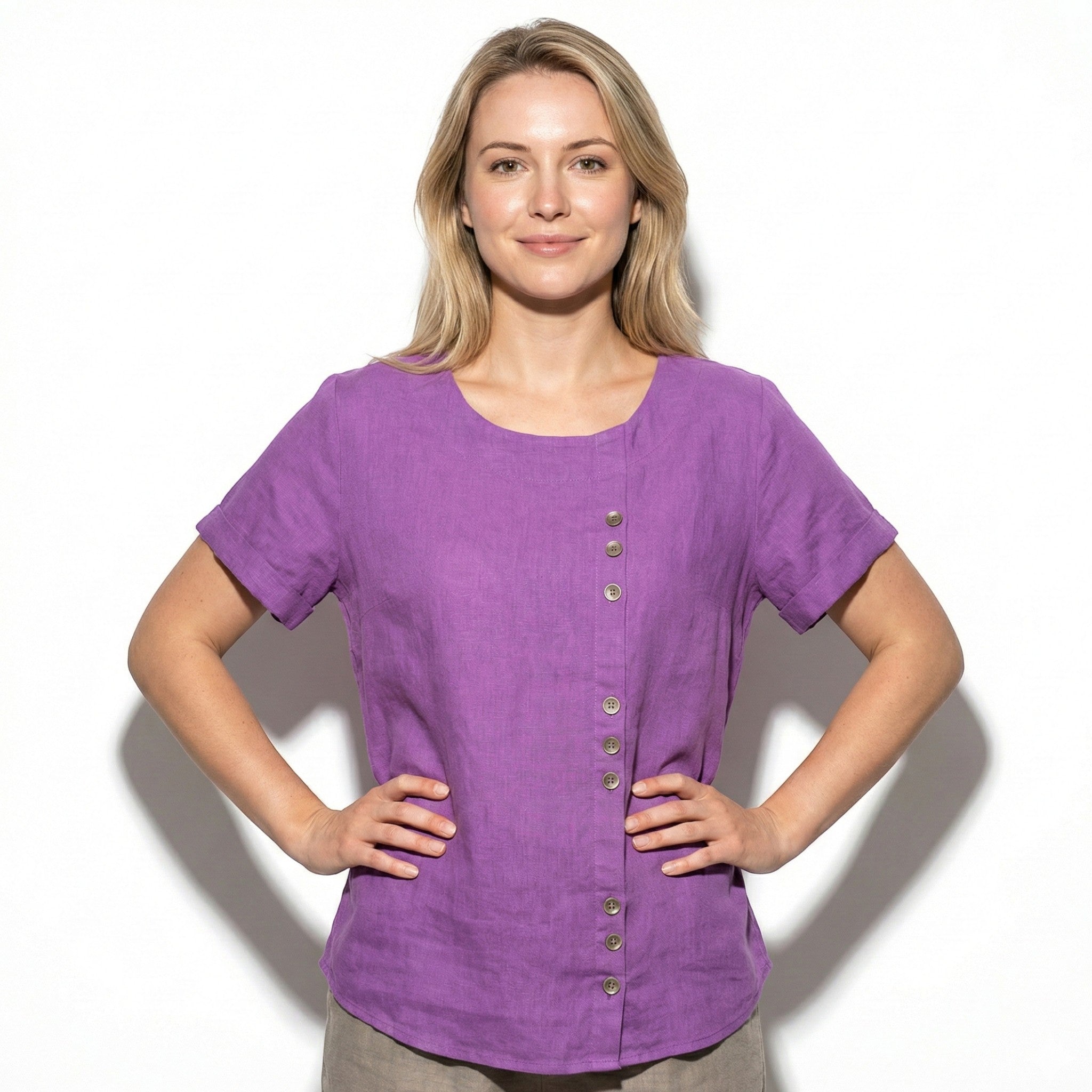 Freya - Women's Button Detail Short Sleeve Round Neck Blouse - Tops - Purple - Jones & Smith