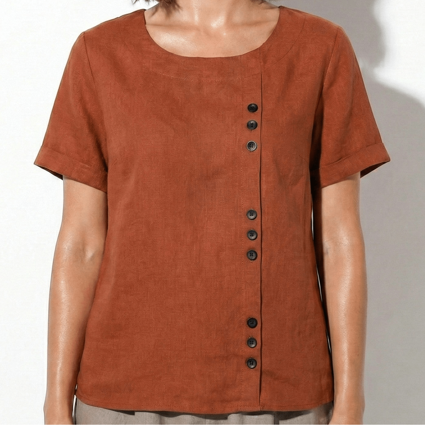 Freya - Women's Button Detail Short Sleeve Round Neck Blouse - Tops - Brown - Jones & Smith