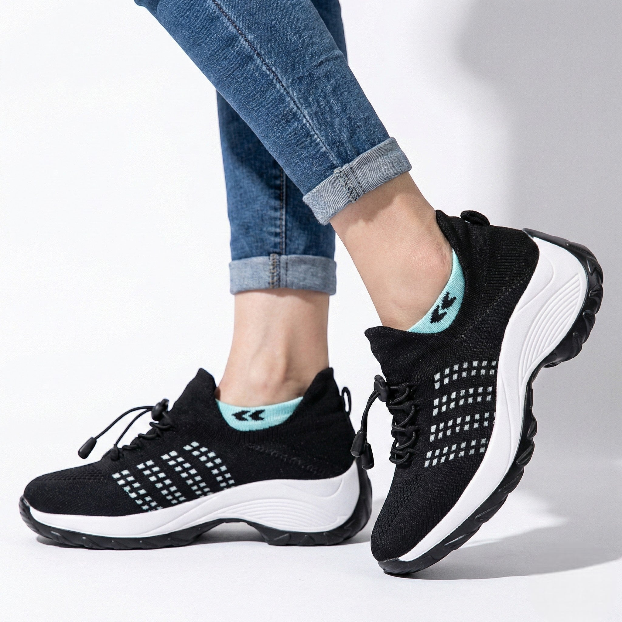 Freya - Women’s Lightweight Breathable Trainers with Toggle Laces - Trainers - Black - Moon - Jones & Smith