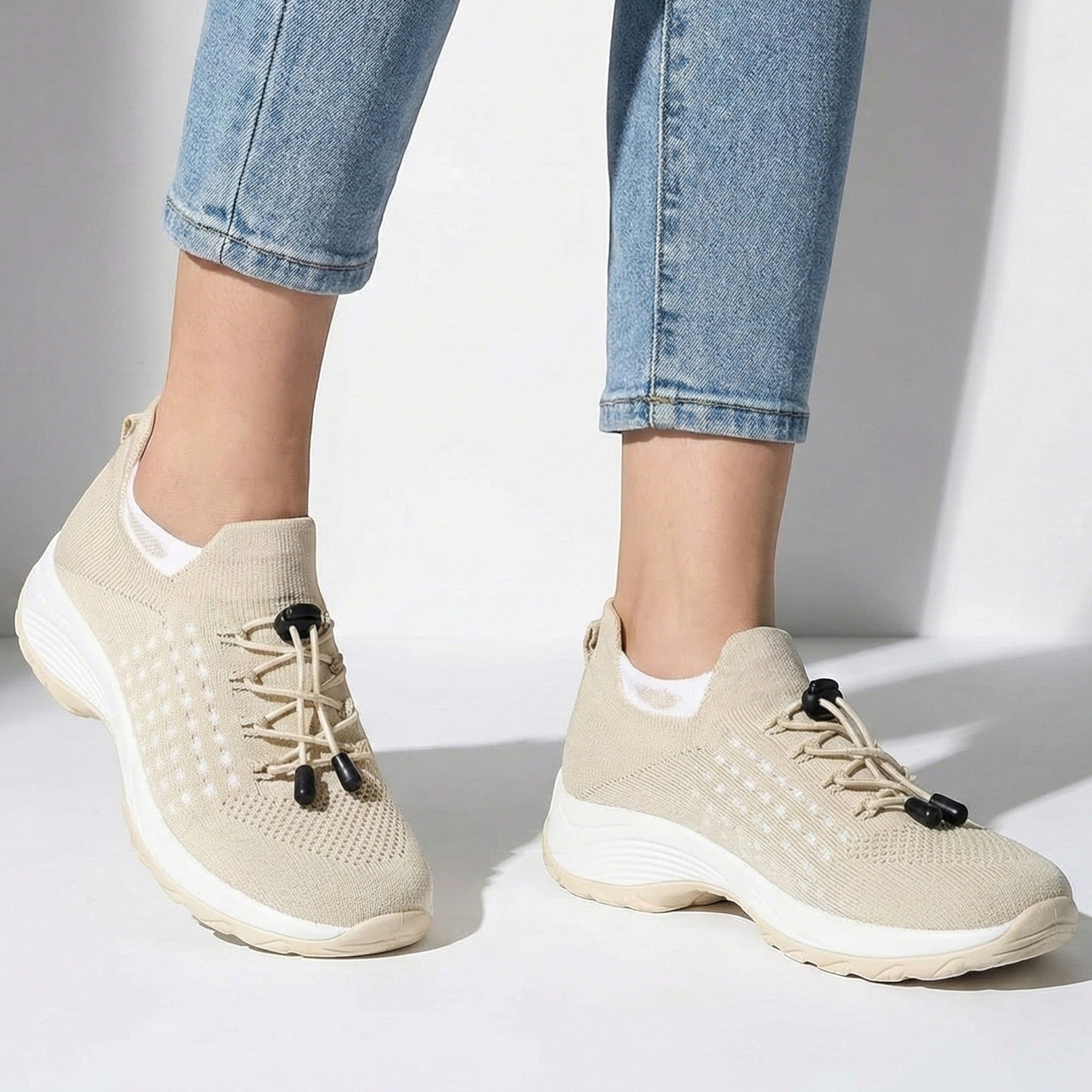 Freya - Women’s Lightweight Breathable Trainers with Toggle Laces - Trainers - Beige - Jones & Smith