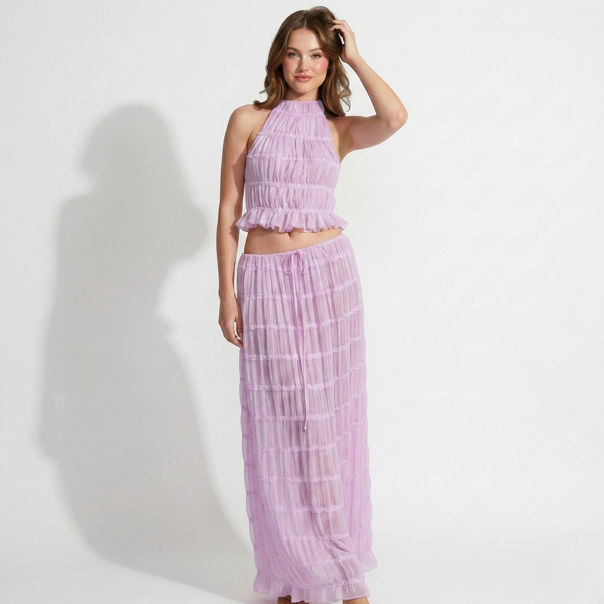 Freya - Women's Two Piece Halter Neck Top and Maxi Skirt Set - Sets - Purple - Jones & Smith