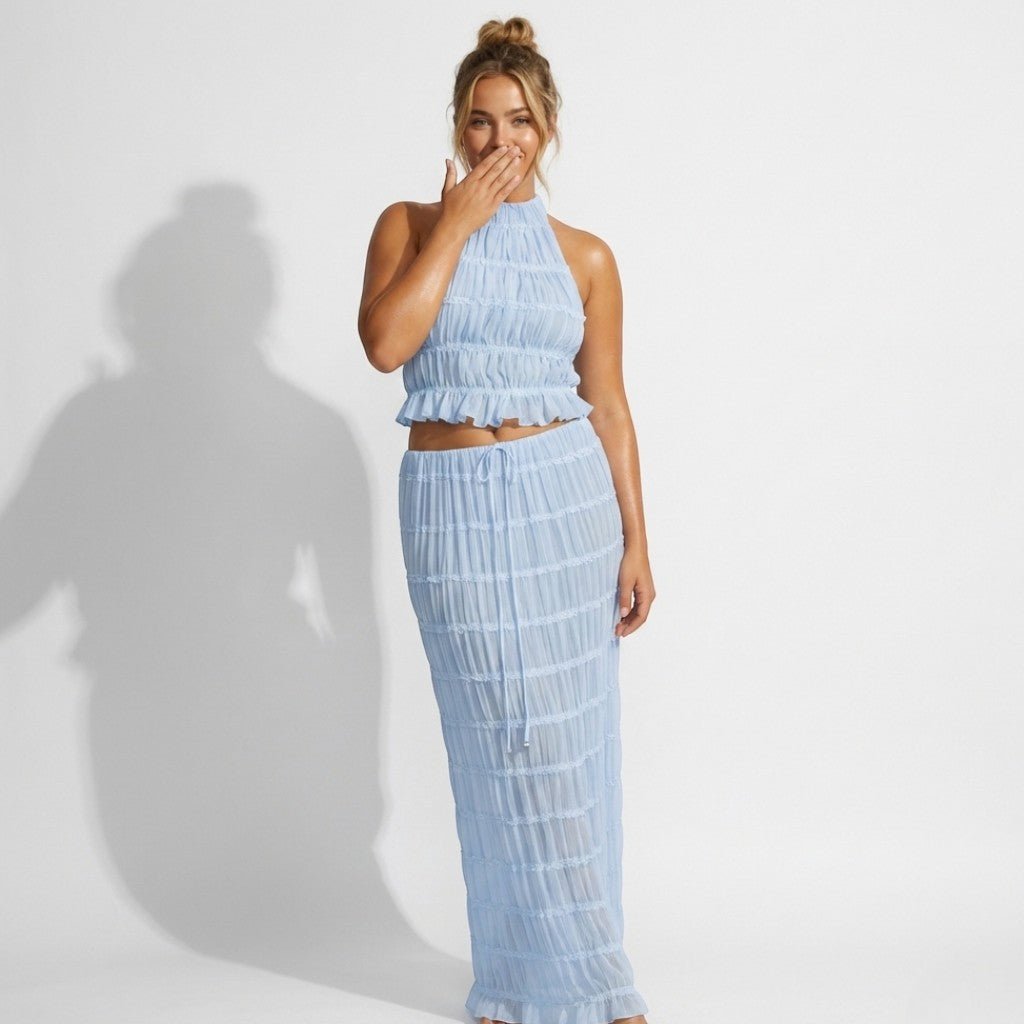 Freya - Women's Two Piece Halter Neck Top and Maxi Skirt Set - Sets - Blue - Jones & Smith