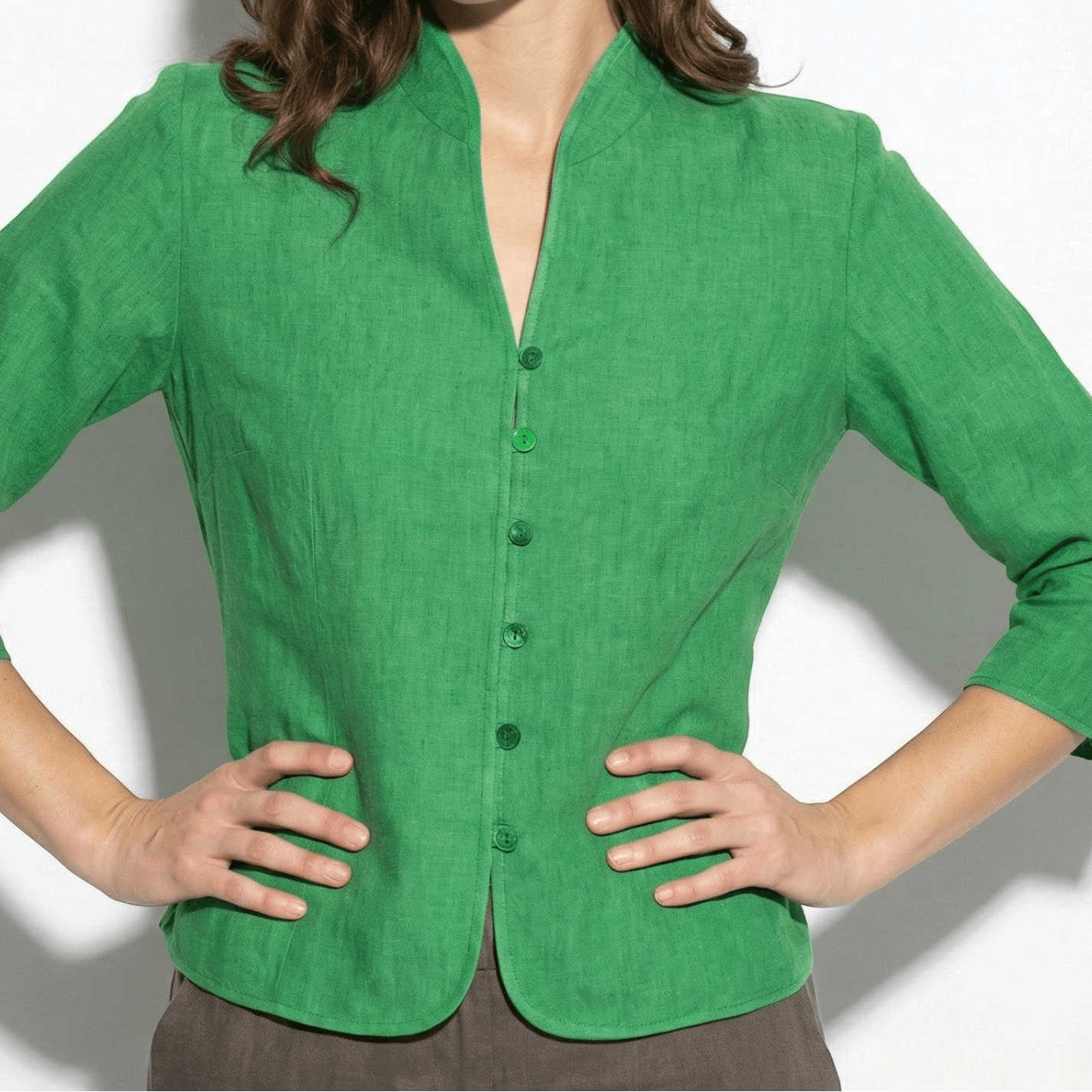 Gemma - Women’s Textured Linen Blouse with Stand - Up Collar - Women Blouse - Green - Jones & Smith