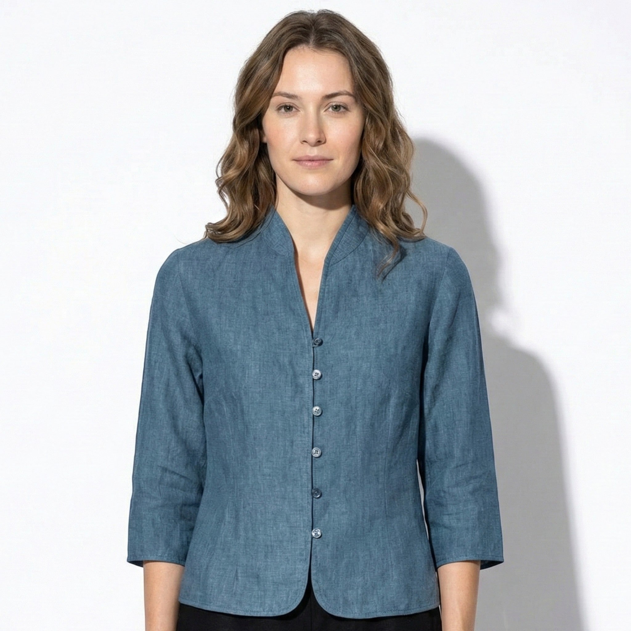 Gemma - Women’s Textured Linen Blouse with Stand - Up Collar - Women Blouse - Blue - Jones & Smith