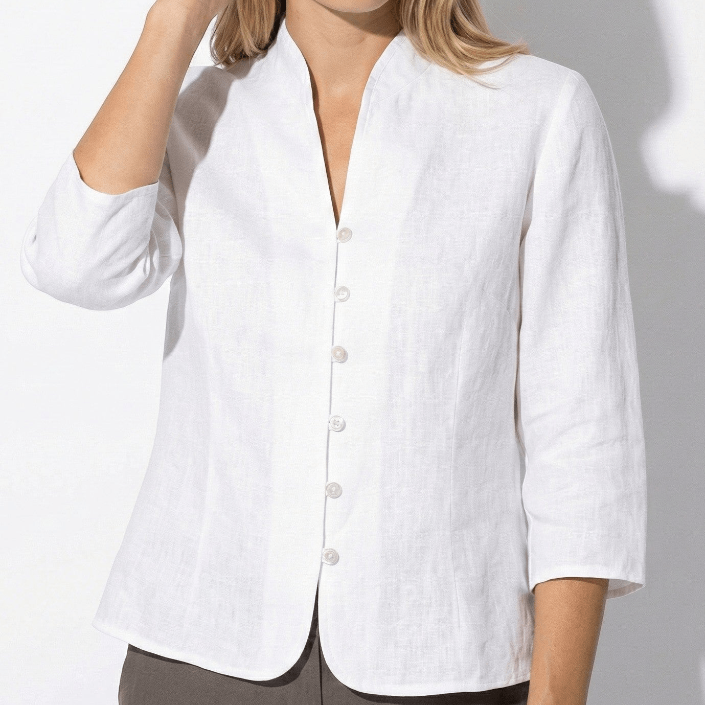 Gemma - Women’s Textured Linen Blouse with Stand - Up Collar - Women Blouse - White - Jones & Smith