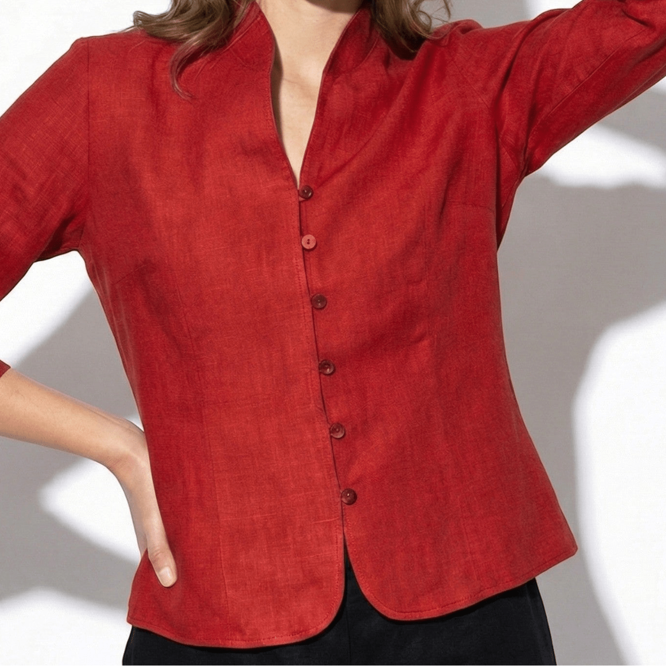 Gemma - Women’s Textured Linen Blouse with Stand - Up Collar - Women Blouse - Red - Jones & Smith