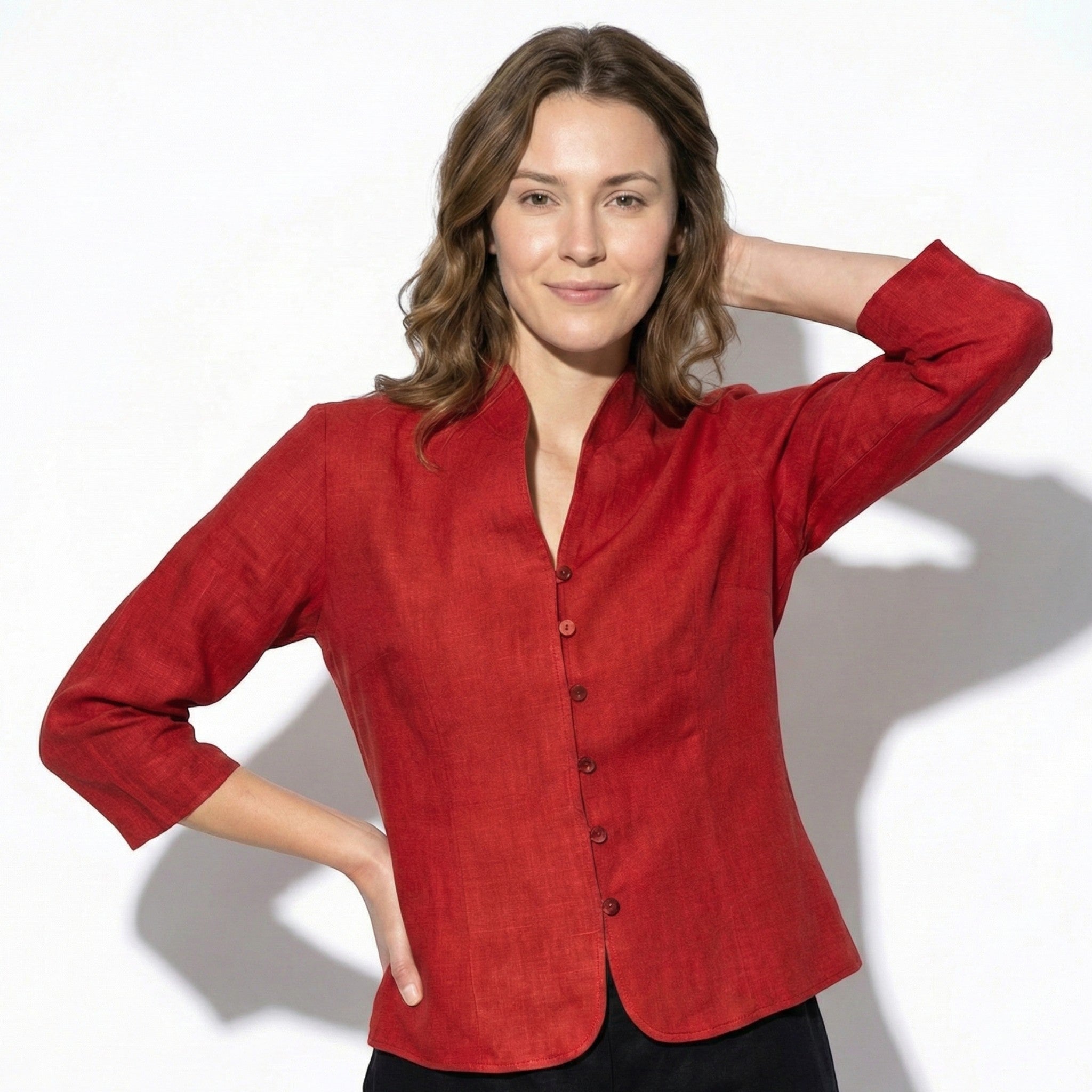 Gemma - Women’s Textured Linen Blouse with Stand - Up Collar - Women Blouse - Red - Jones & Smith