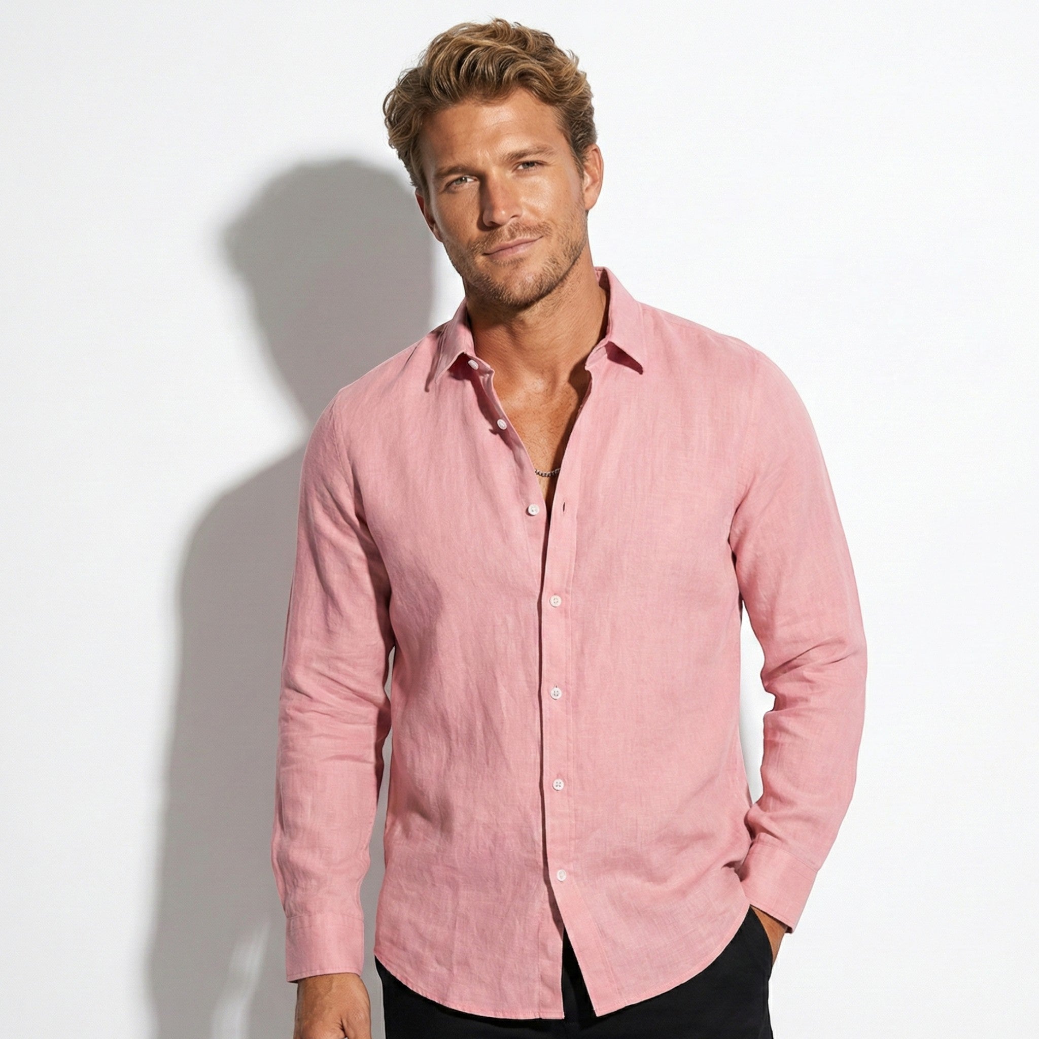 George - Men's Lightweight Long Sleeve Shirt with Button Front - Shirt - Pink - Jones & Smith