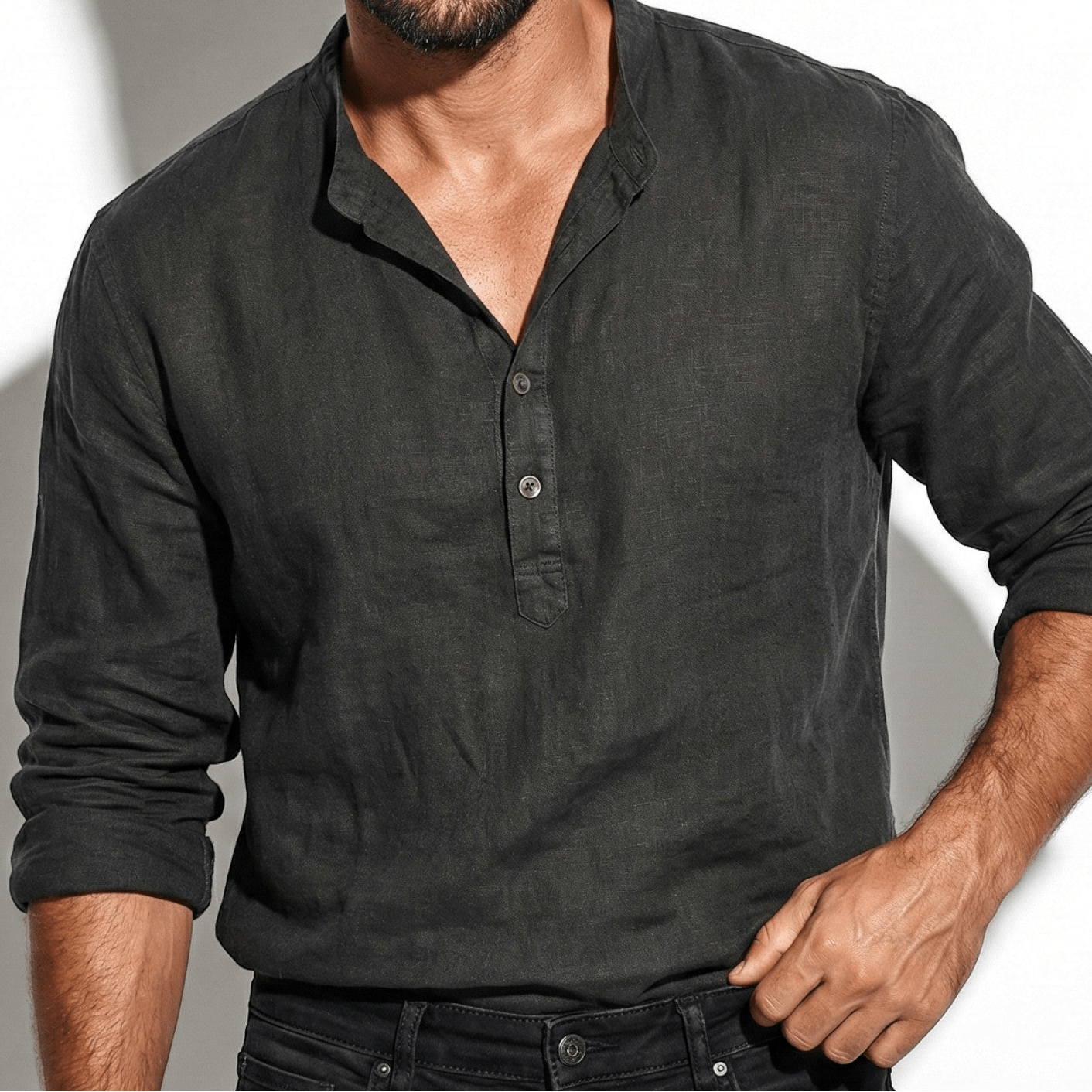 George - Men's Long Sleeve Casual V - Neck Shirt - Shirt - Black - Jones & Smith