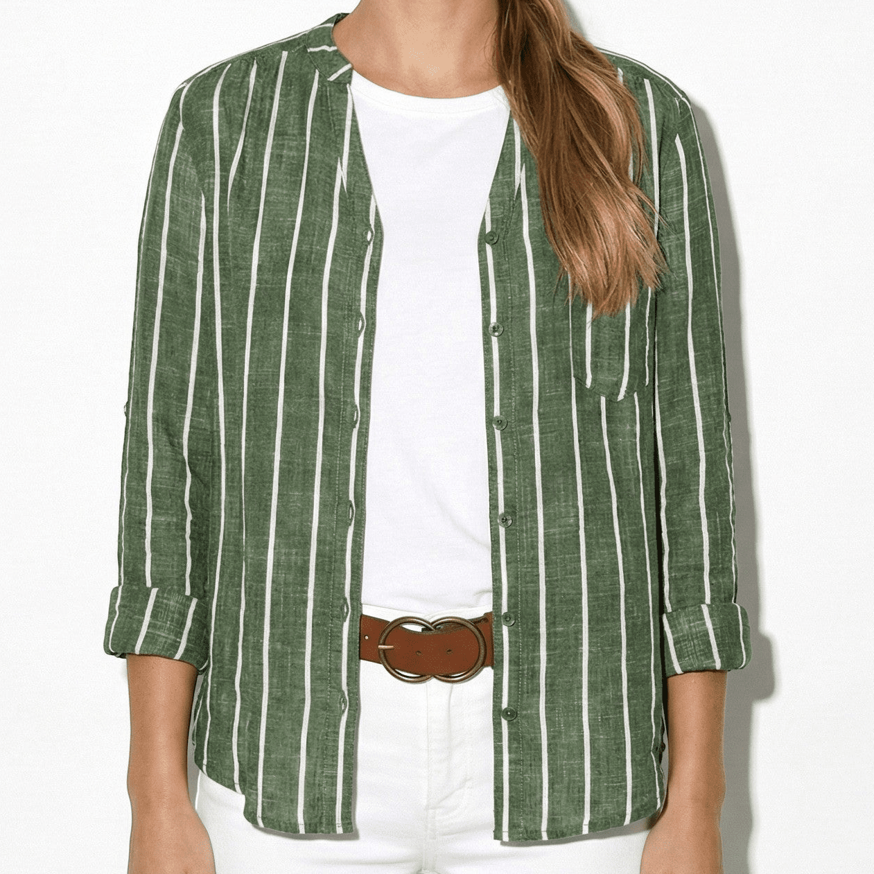 Georgia - Women's Lightweight Striped Blouse - Tops, T-shirts & Shirts - Olive - Jones & Smith