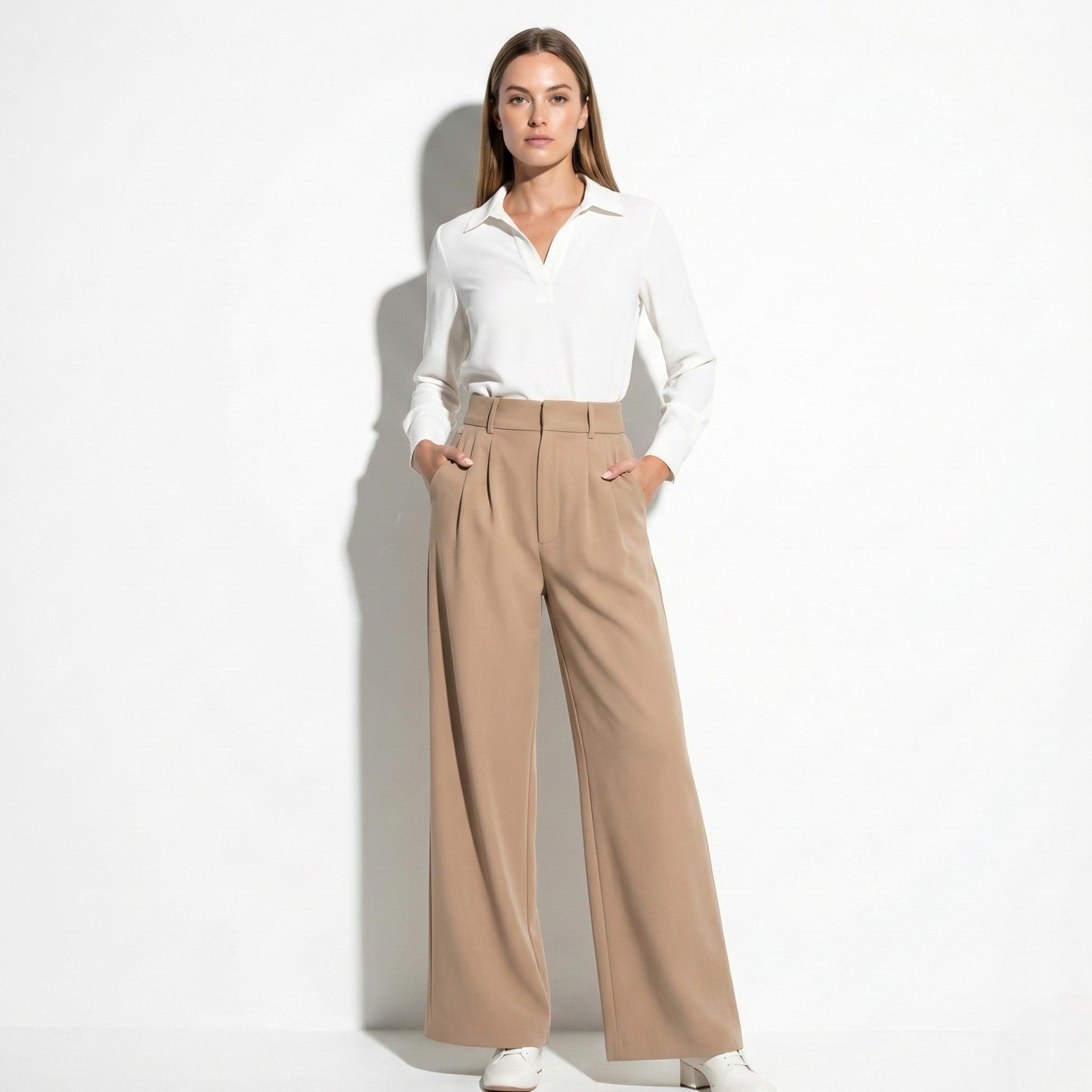 Georgia - Women's Relaxed Fit High - Waist Pleated Wide - Leg Trousers - Pants - Camel - Jones & Smith