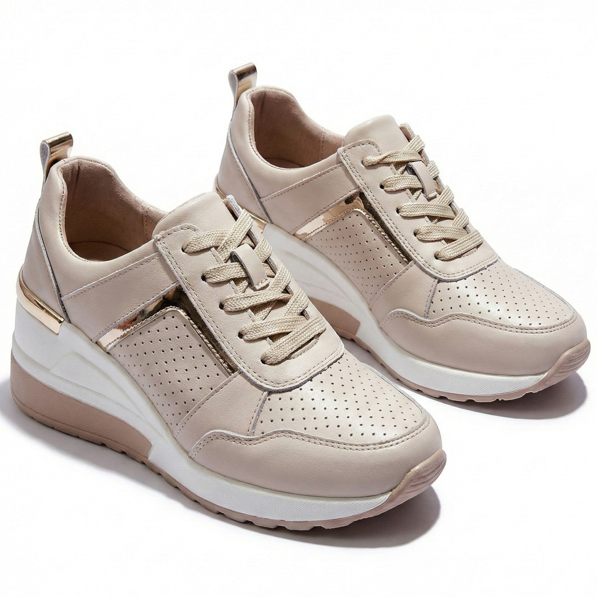 Georgia - Women’s Wedge Heel Trainers with Metallic Accents - Shoes - Beige - Jones & Smith